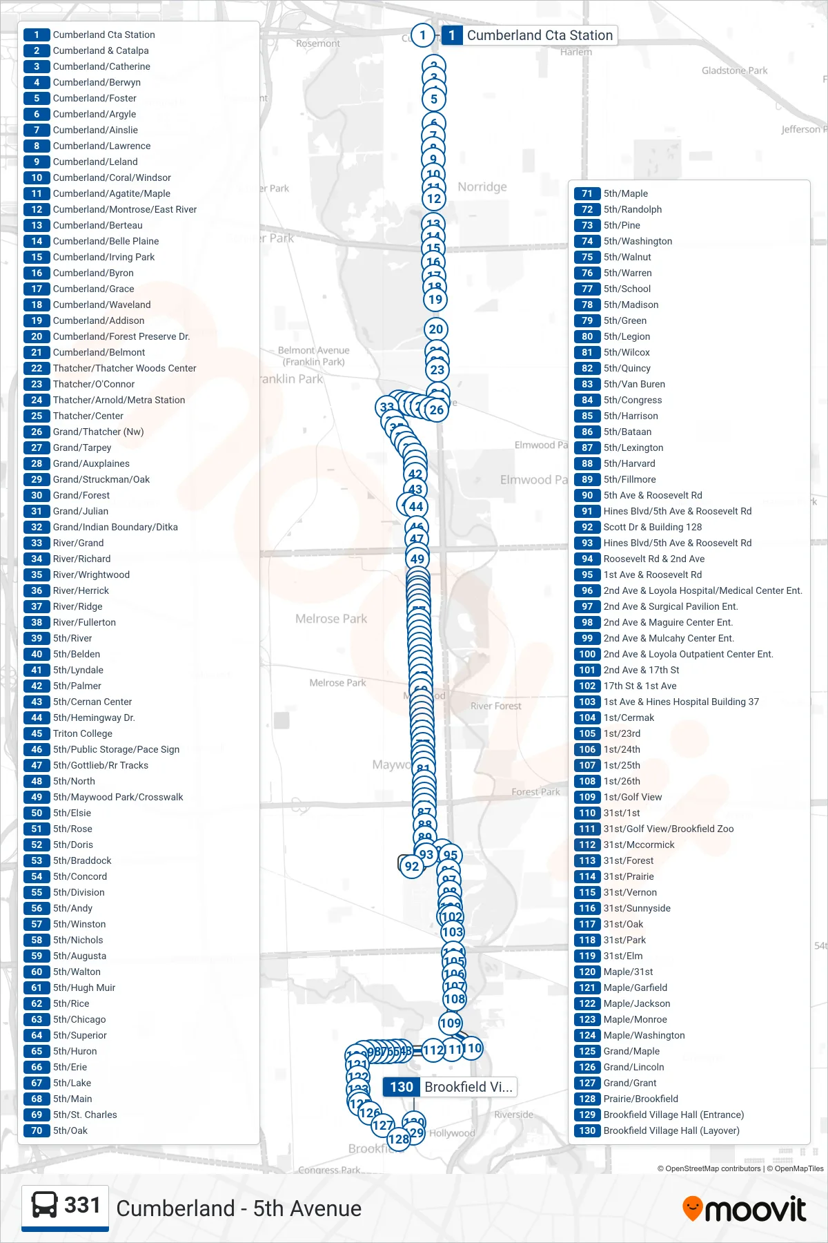 331 bus Line (Brookfield Village Hall (Layover)) route and stops on a map