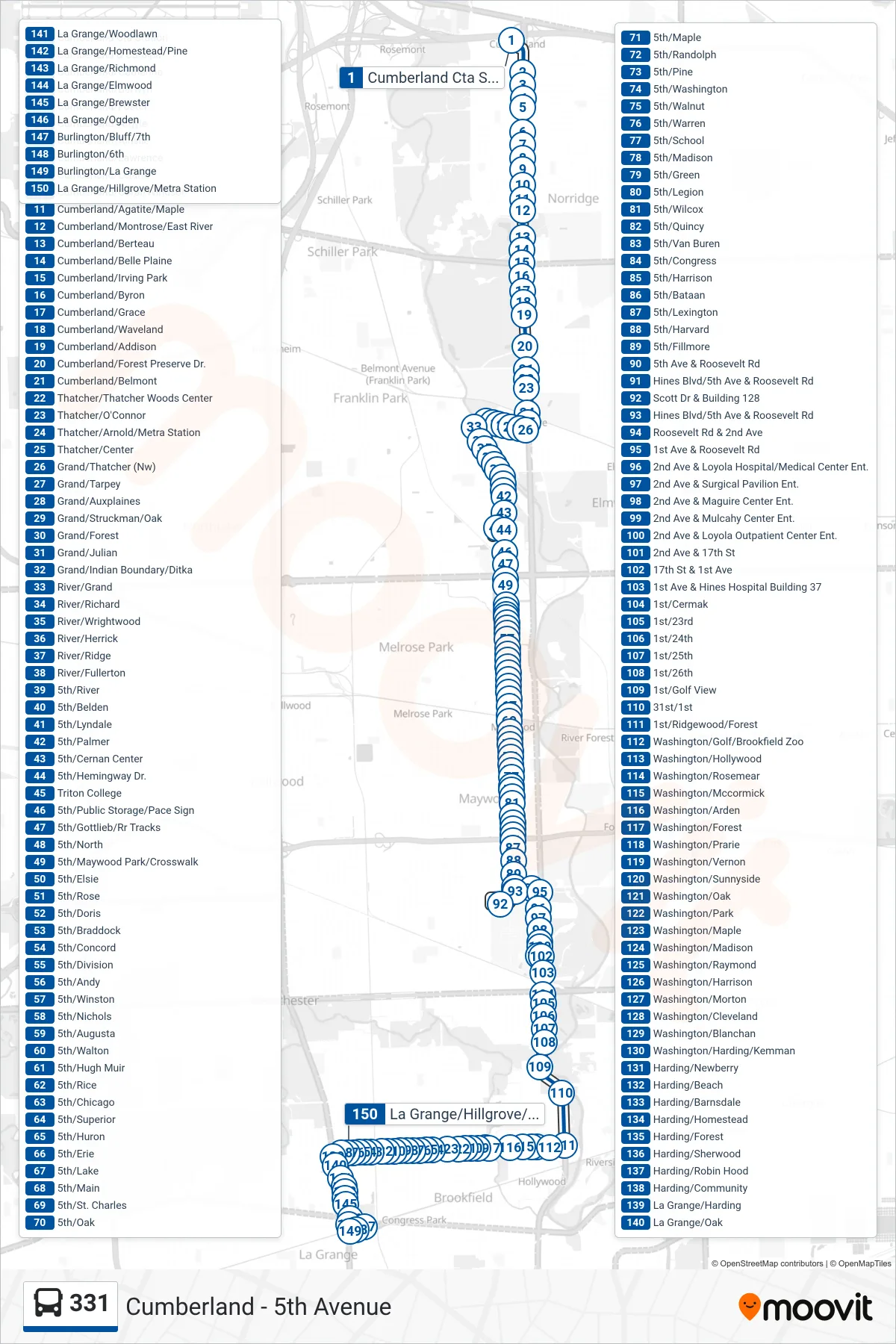 331 bus Line (La Grange/Hillgrove/Metra Station) route and stops on a map
