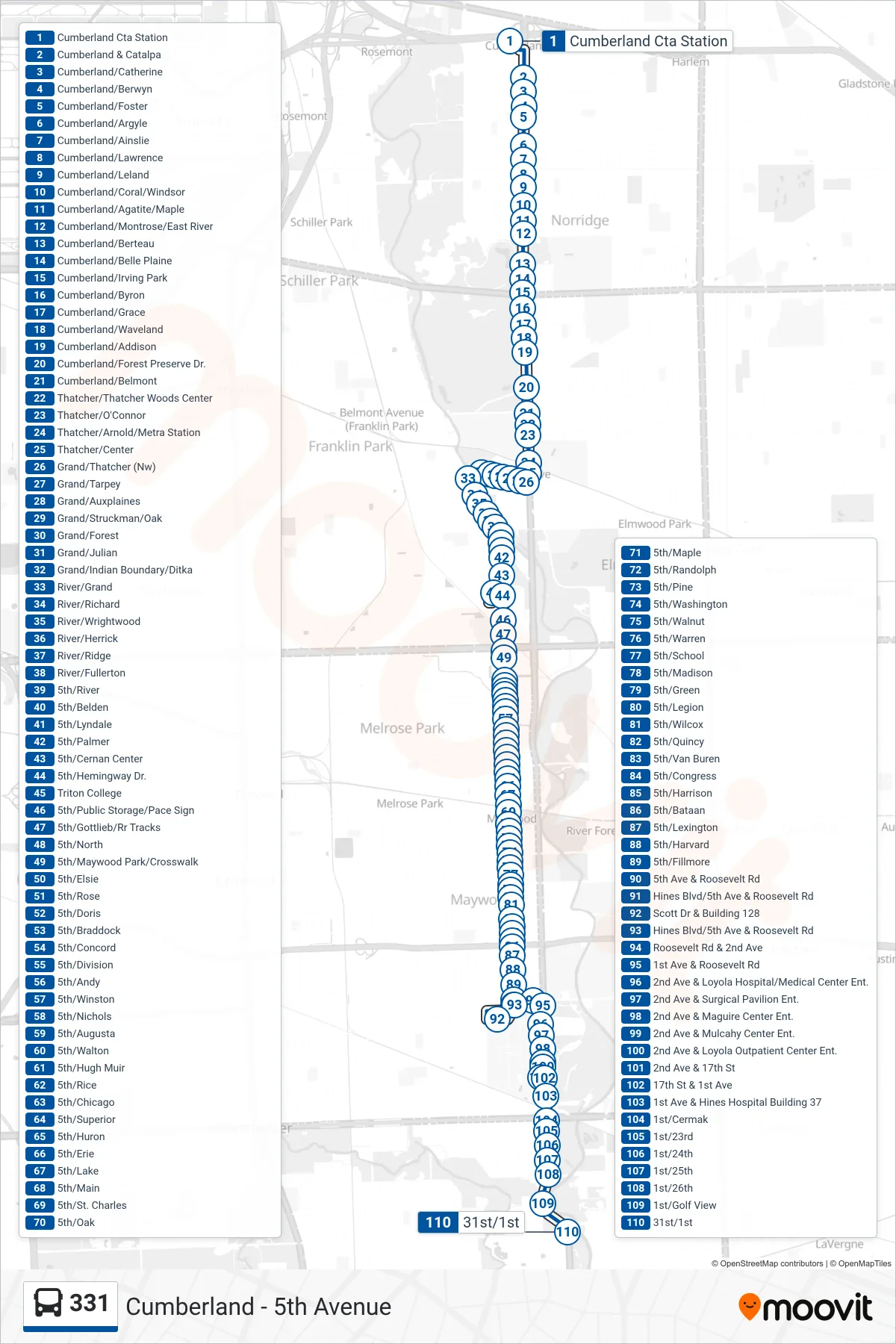 331 bus Line (31st/1st) route and stops on a map