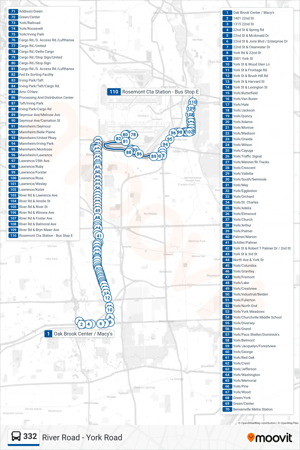 332 bus Line (Rosemont Cta Station - Bus Stop E) route and stops on a map