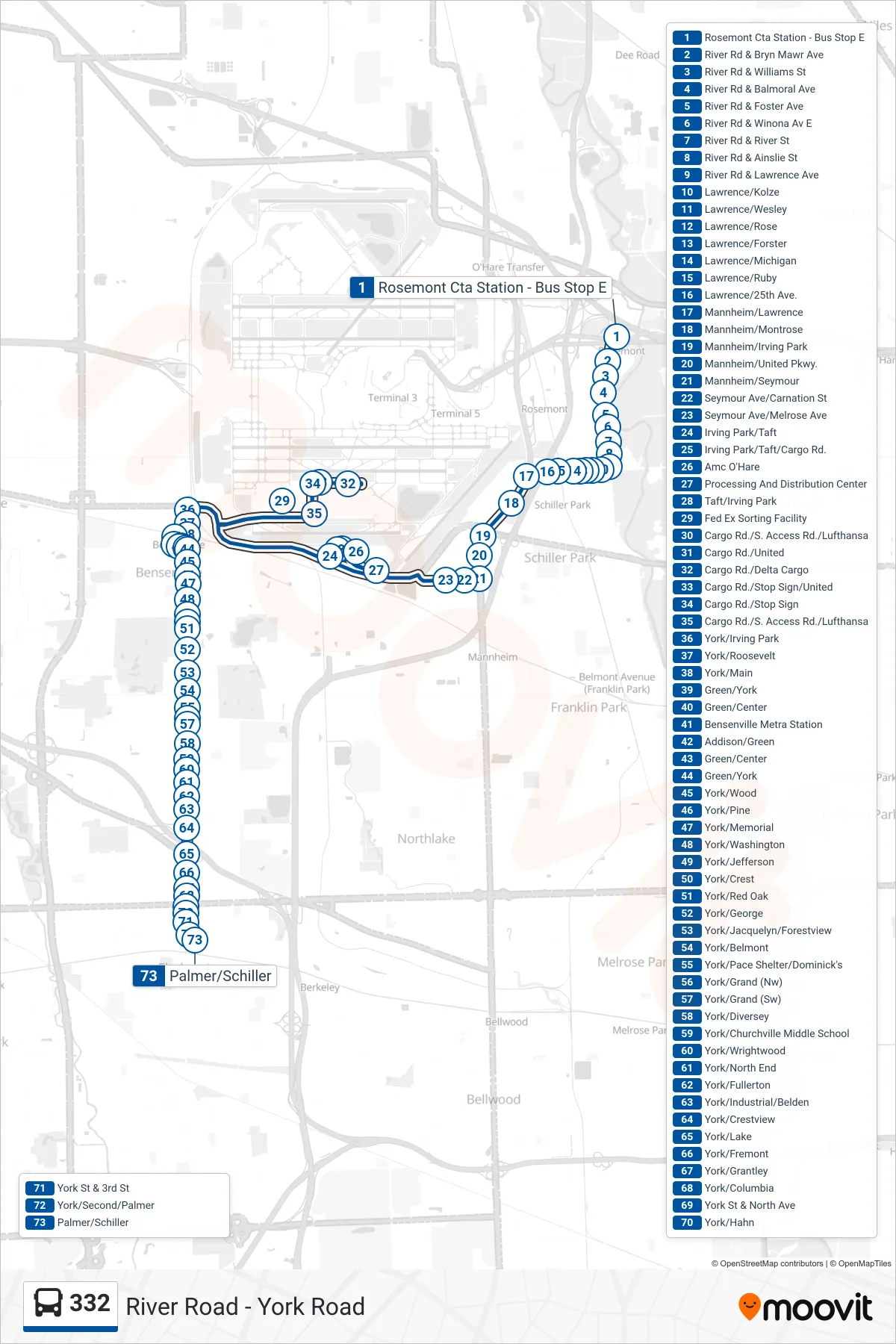 332 bus Line (Palmer/Schiller) route and stops on a map