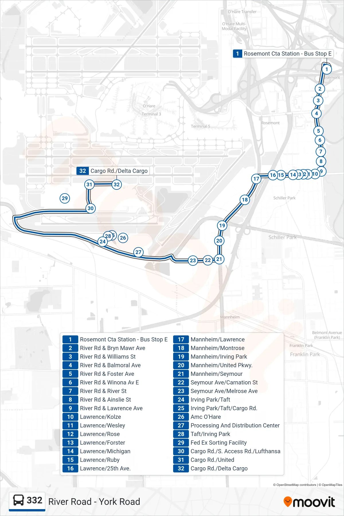 332 bus Line (Cargo Rd./Delta Cargo) route and stops on a map