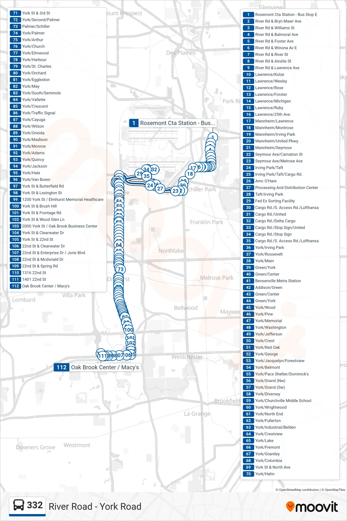 332 bus Line (Oak Brook Center / Macy's) route and stops on a map