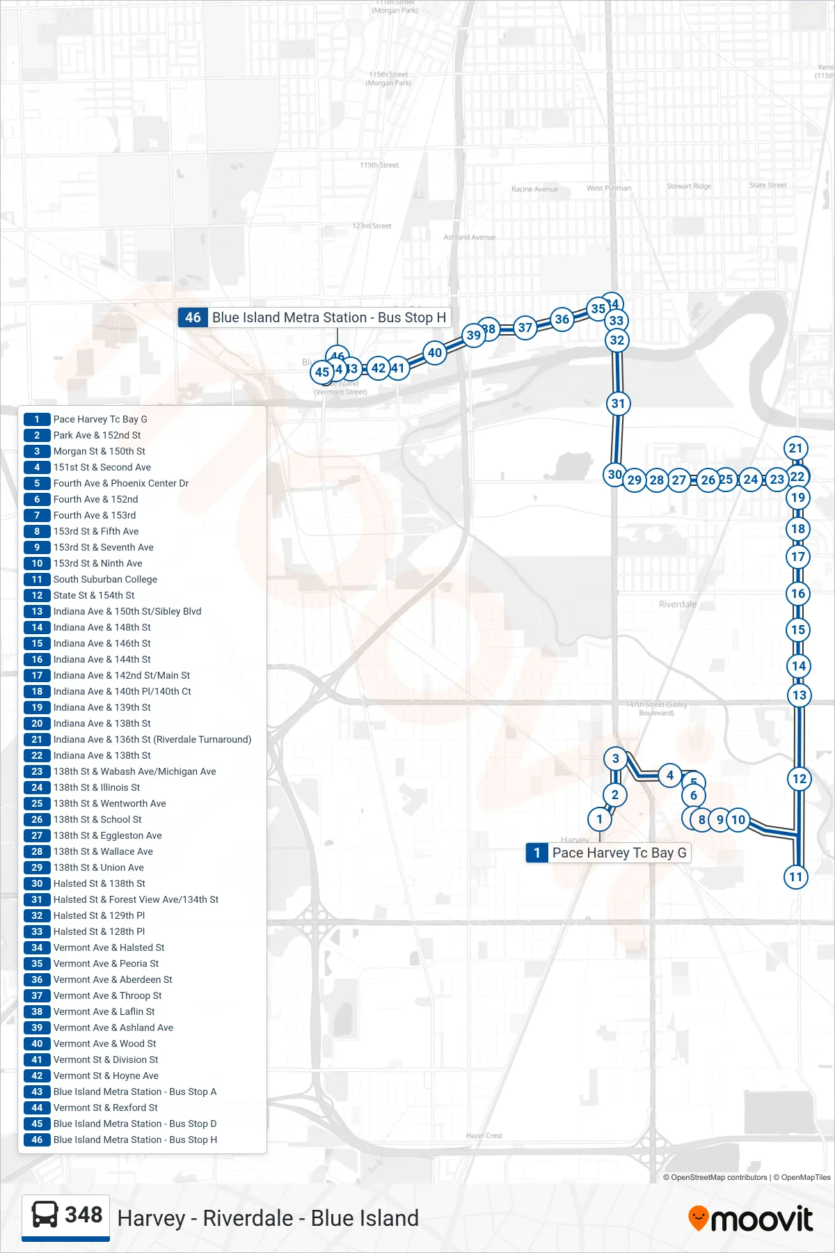 348 bus Line (Blue Island Metra Station - Bus Stop H) route and stops on a map