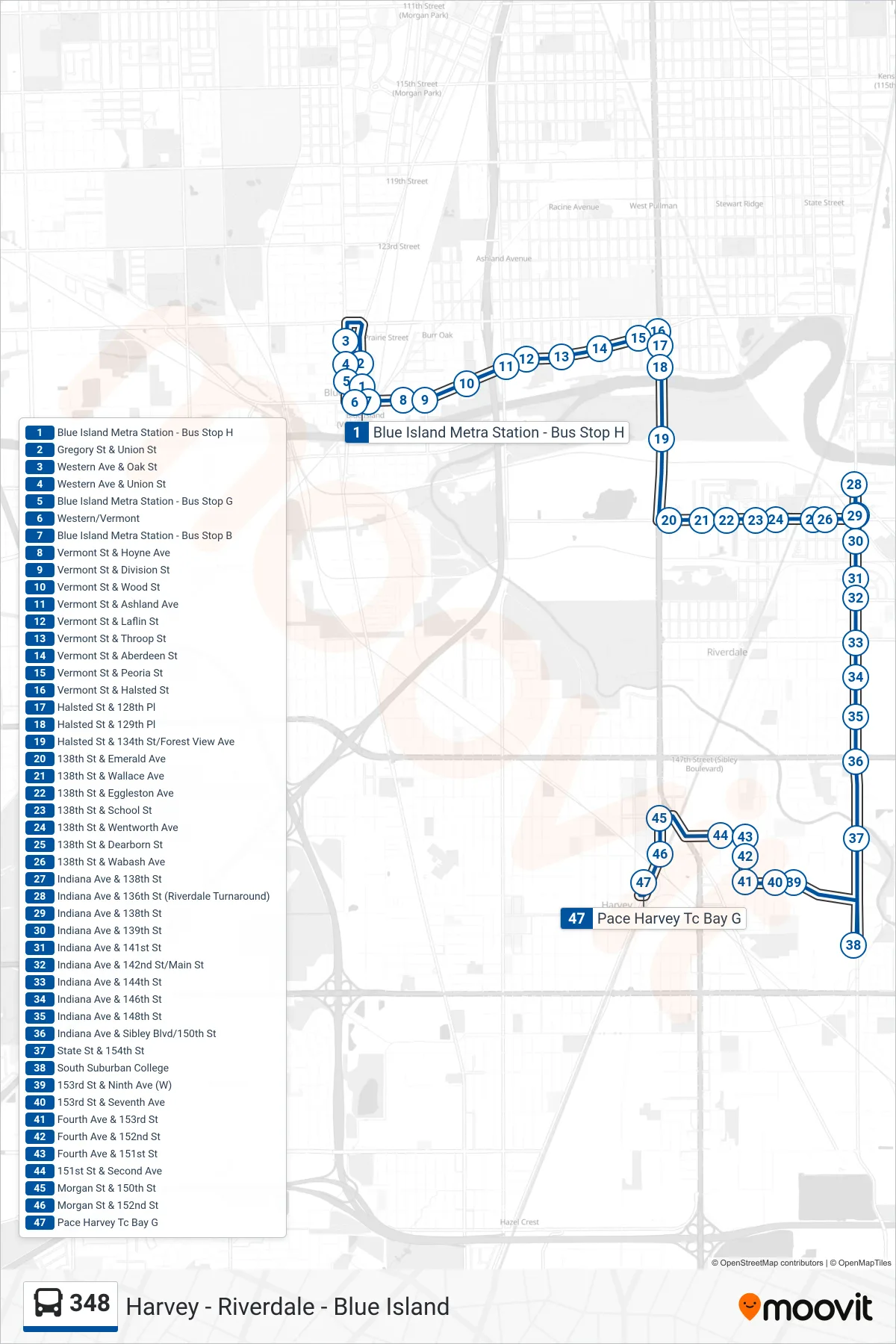 348 bus Line (Pace Harvey Tc Bay G) route and stops on a map