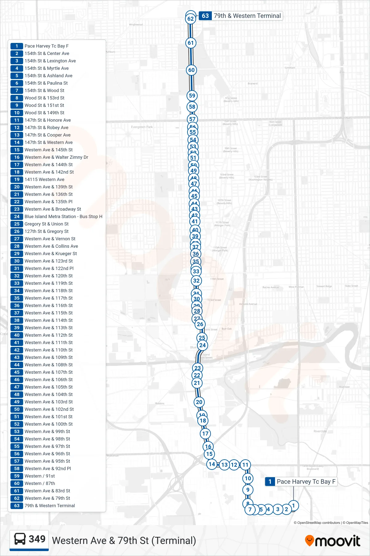 349 bus Line (Western Ave & 79th St (Terminal)) route and stops on a map