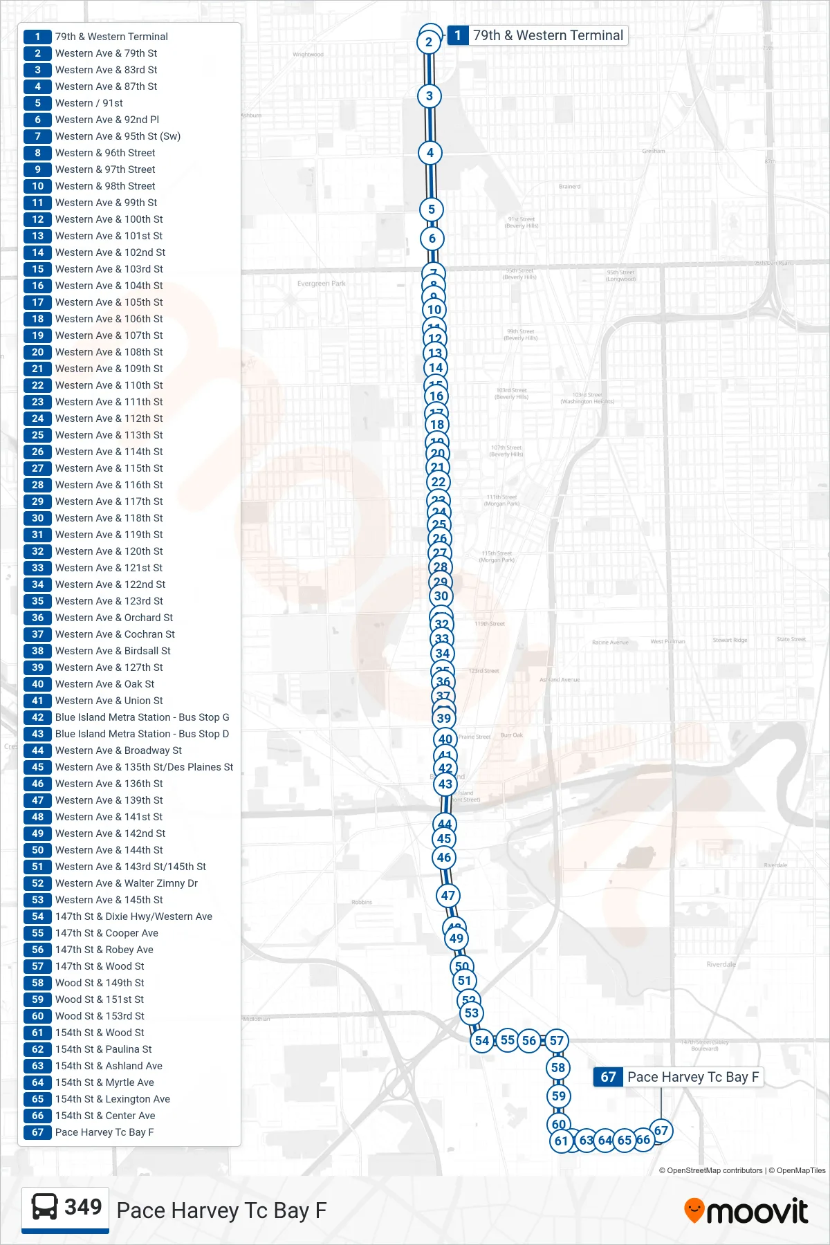 349 bus Line (Pace Harvey Tc Bay F) route and stops on a map