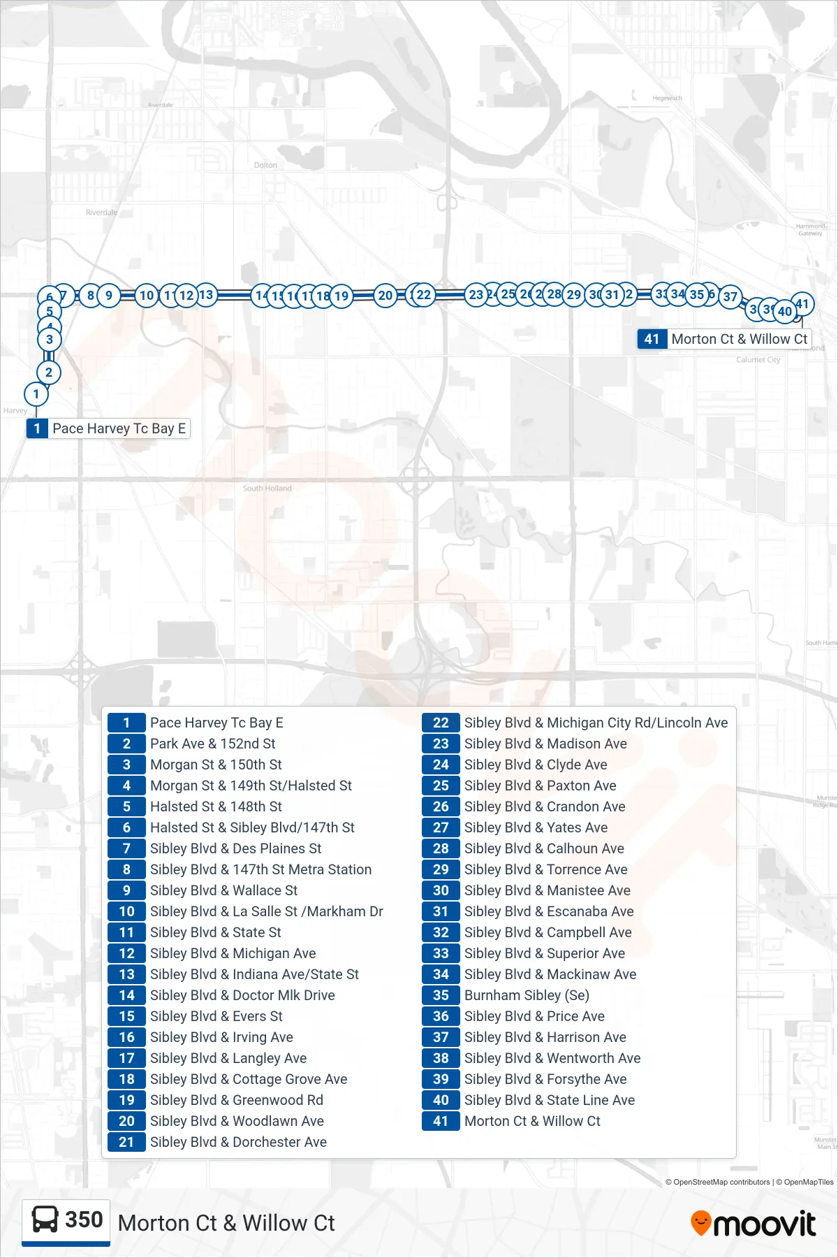 350 bus Line (Morton Ct & Willow Ct) route and stops on a map