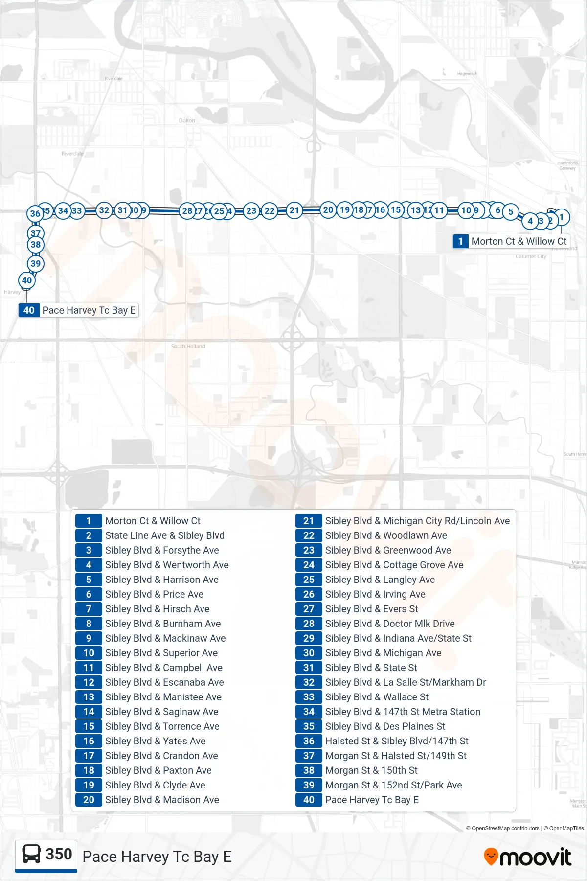 350 bus Line (Pace Harvey Tc Bay E) route and stops on a map