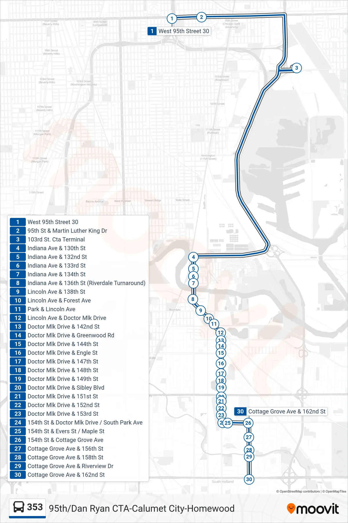 353 bus Line (Cottage Grove Ave & 162nd St) route and stops on a map