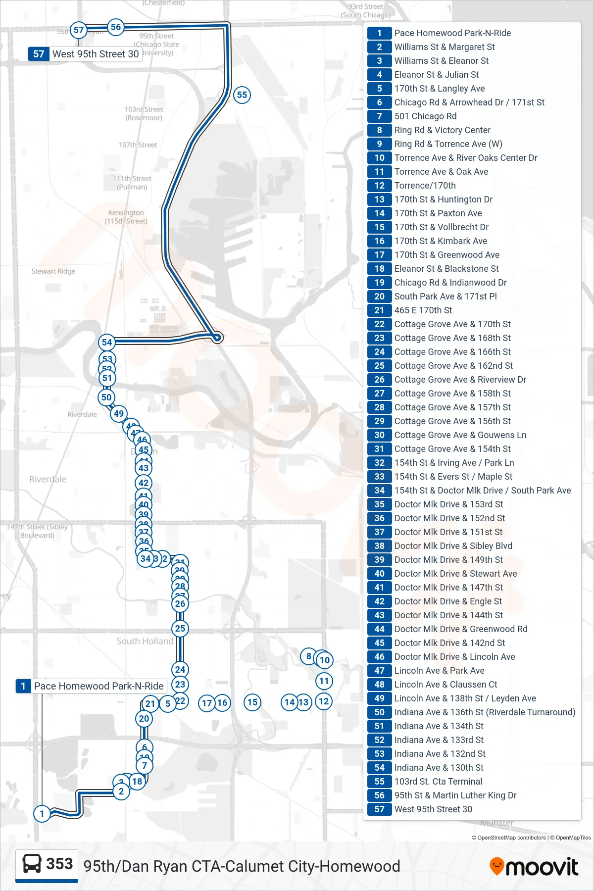 353 bus Line (95th/Dan Ryan Cta Station Bay Z) route and stops on a map