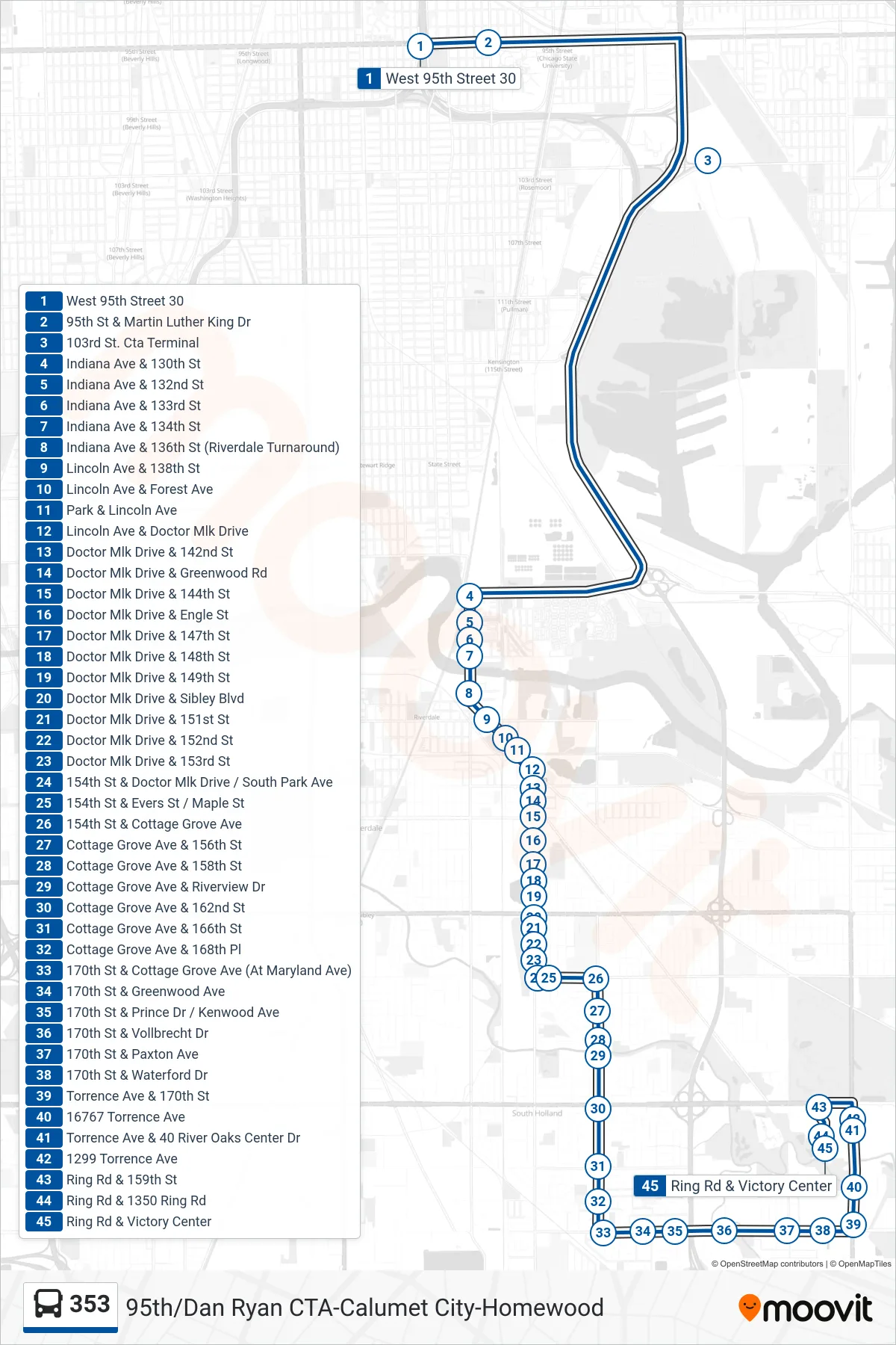 353 bus Line (Ring Rd & Victory Center) route and stops on a map