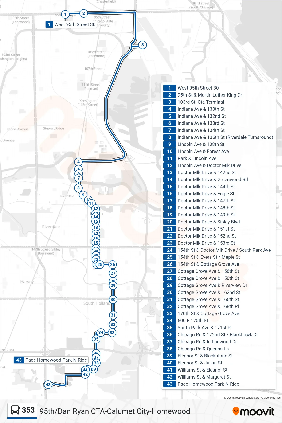 353 bus Line (Pace Homewood Park-N-Ride) route and stops on a map