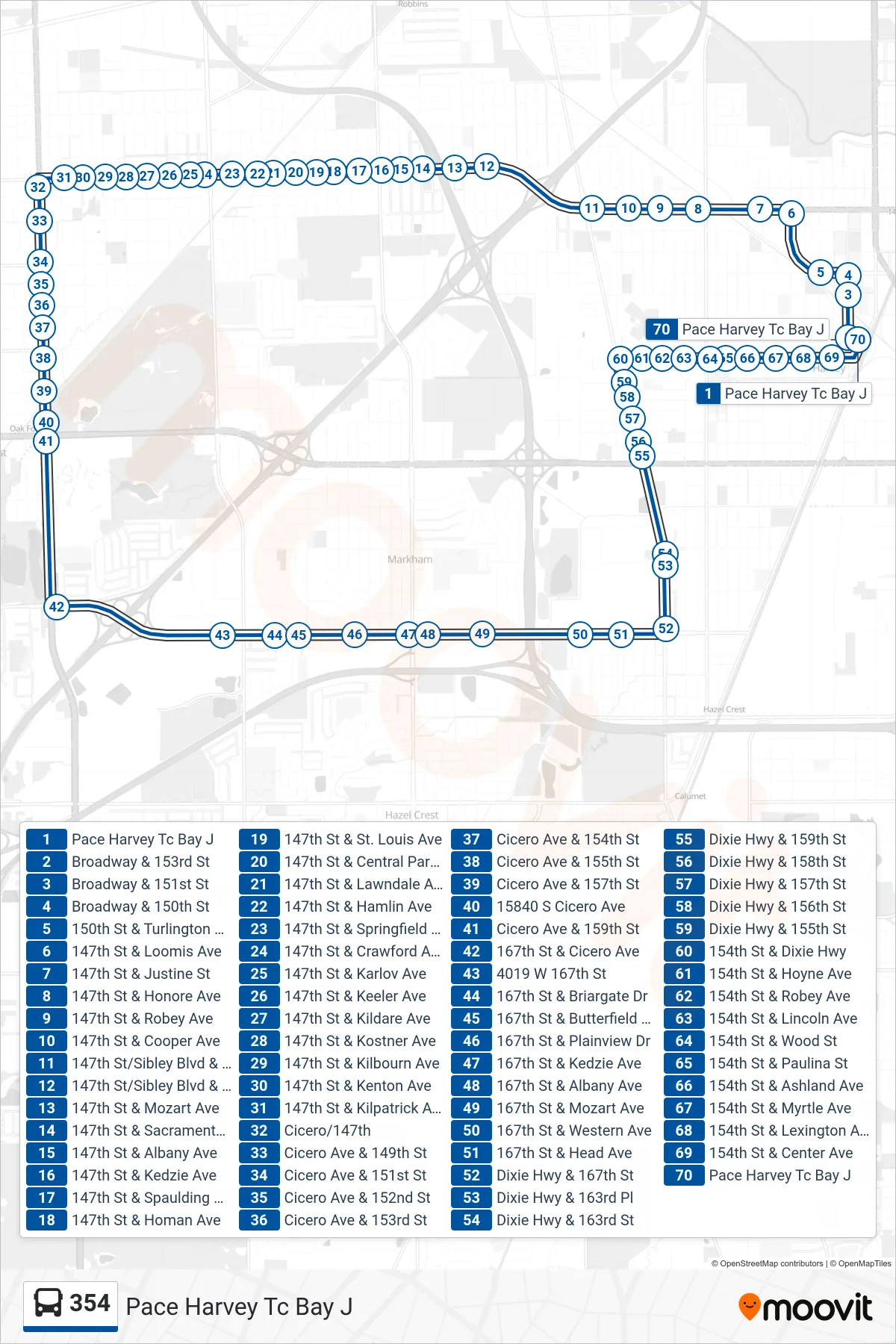 354 bus Line (Pace Harvey Tc Bay J) route and stops on a map