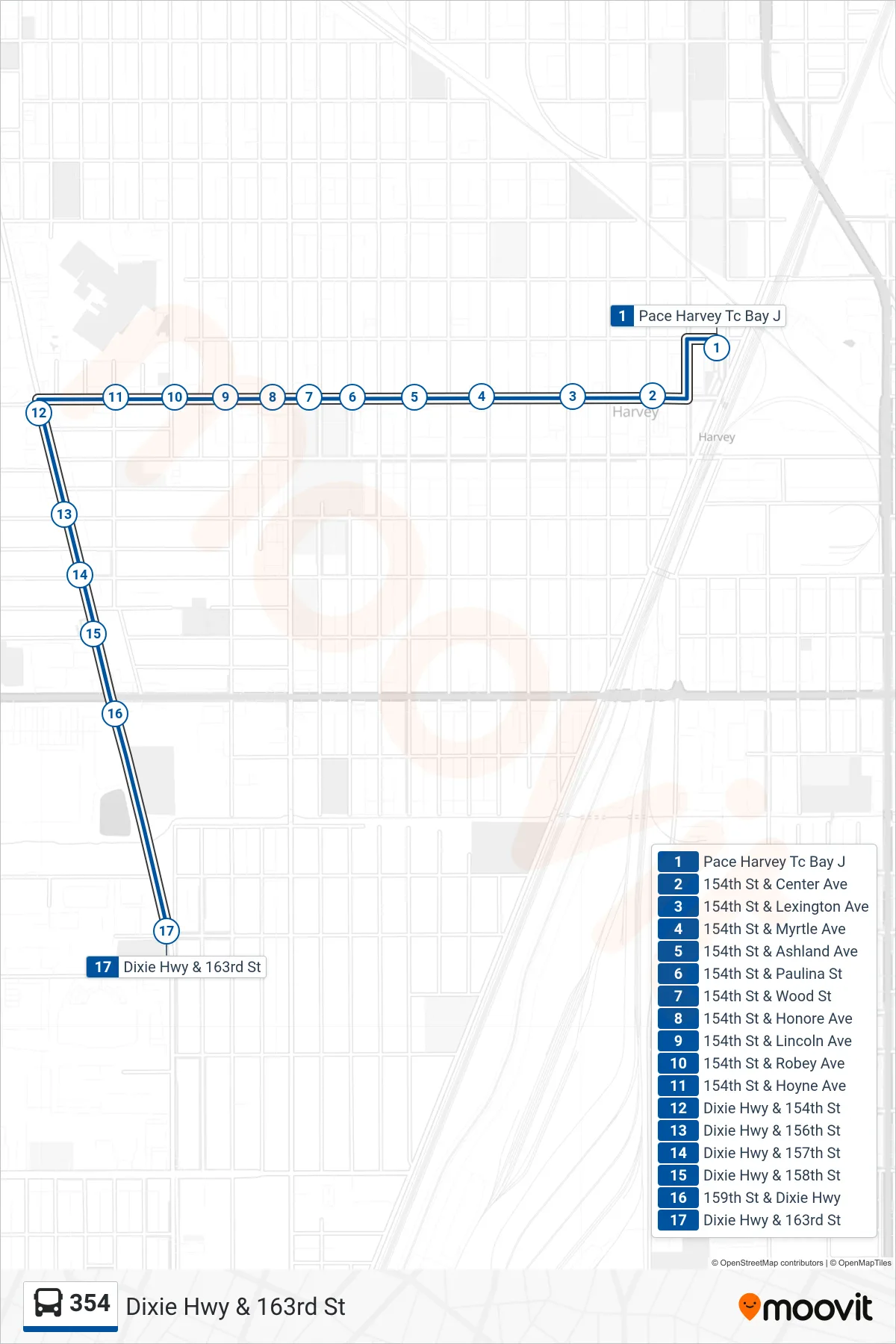 354 bus Line (Dixie Hwy & 163rd St) route and stops on a map