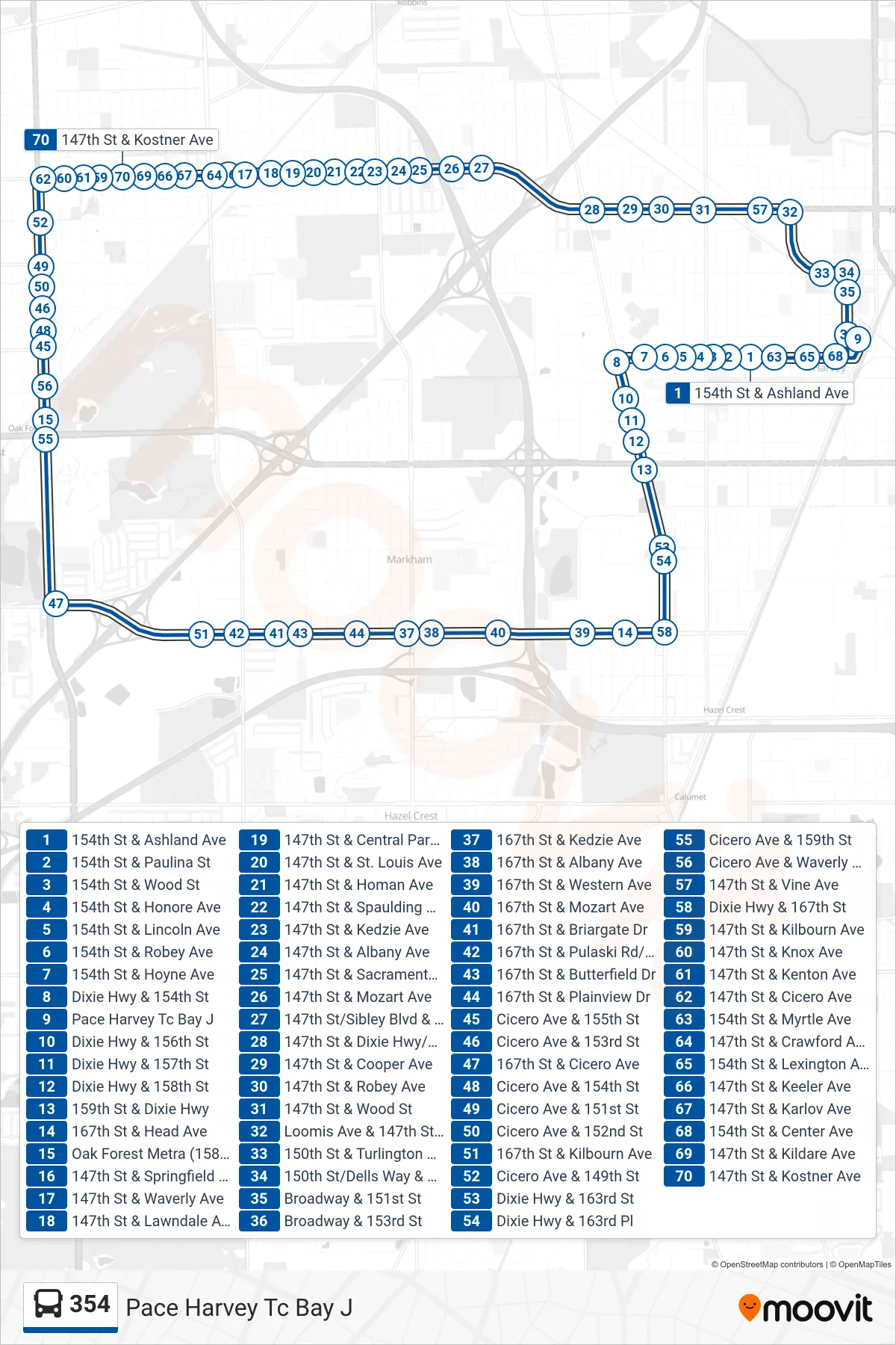 354 bus Line (Pace Harvey Tc Bay J) route and stops on a map
