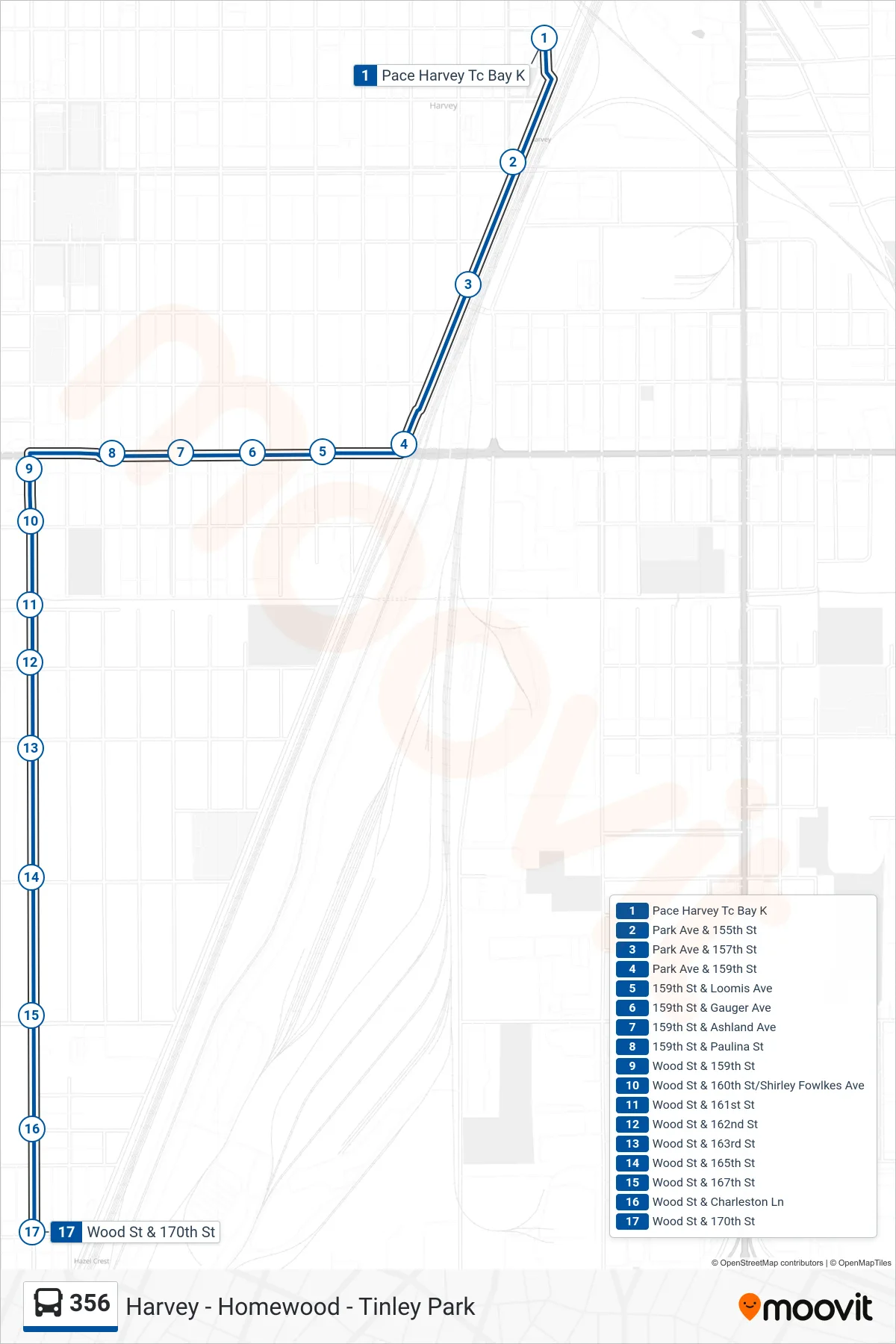 356 bus Line (Wood St & 170th St) route and stops on a map