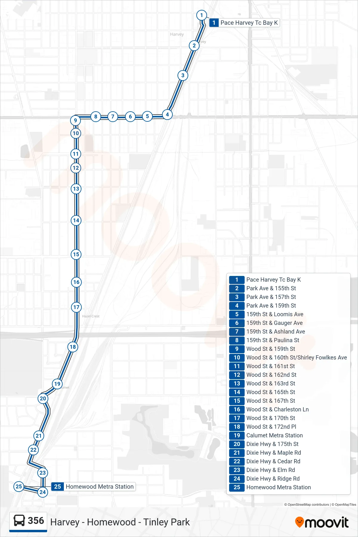 356 bus Line (Homewood Metra Station) route and stops on a map