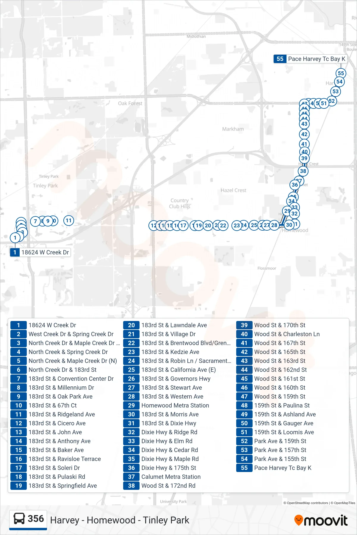 356 bus Line (Pace Harvey Tc Bay K) route and stops on a map