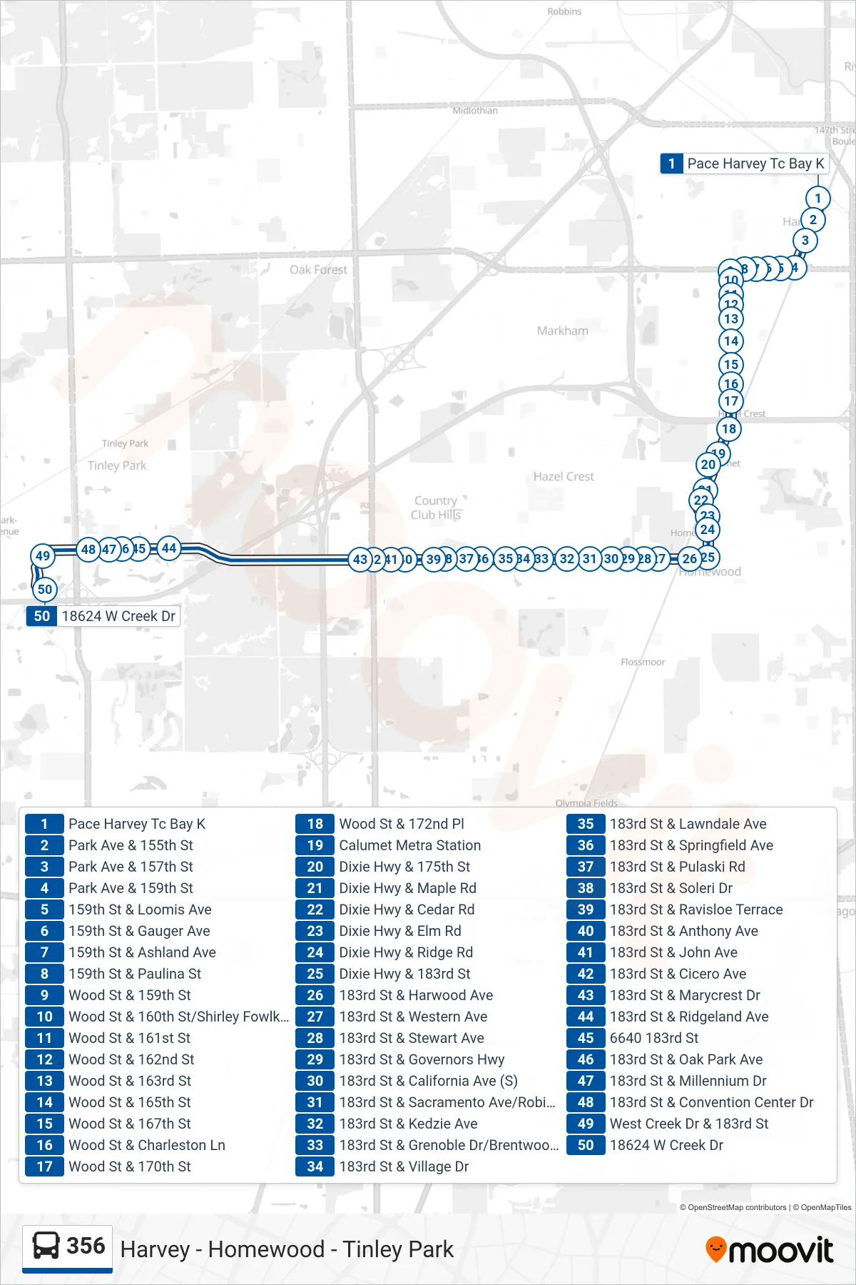 356 bus Line (18624 W Creek Dr) route and stops on a map