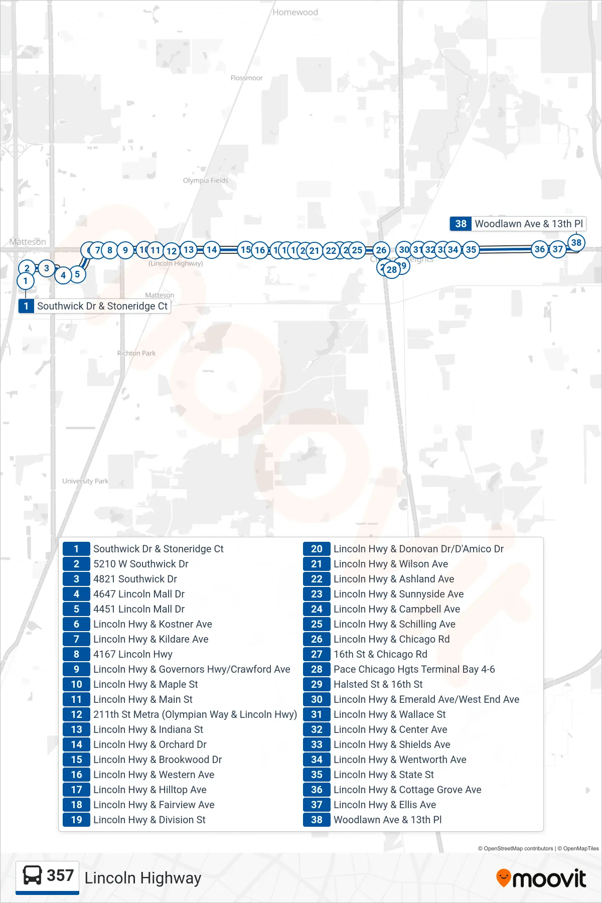 357 bus Line (Woodlawn Ave & 13th Pl) route and stops on a map