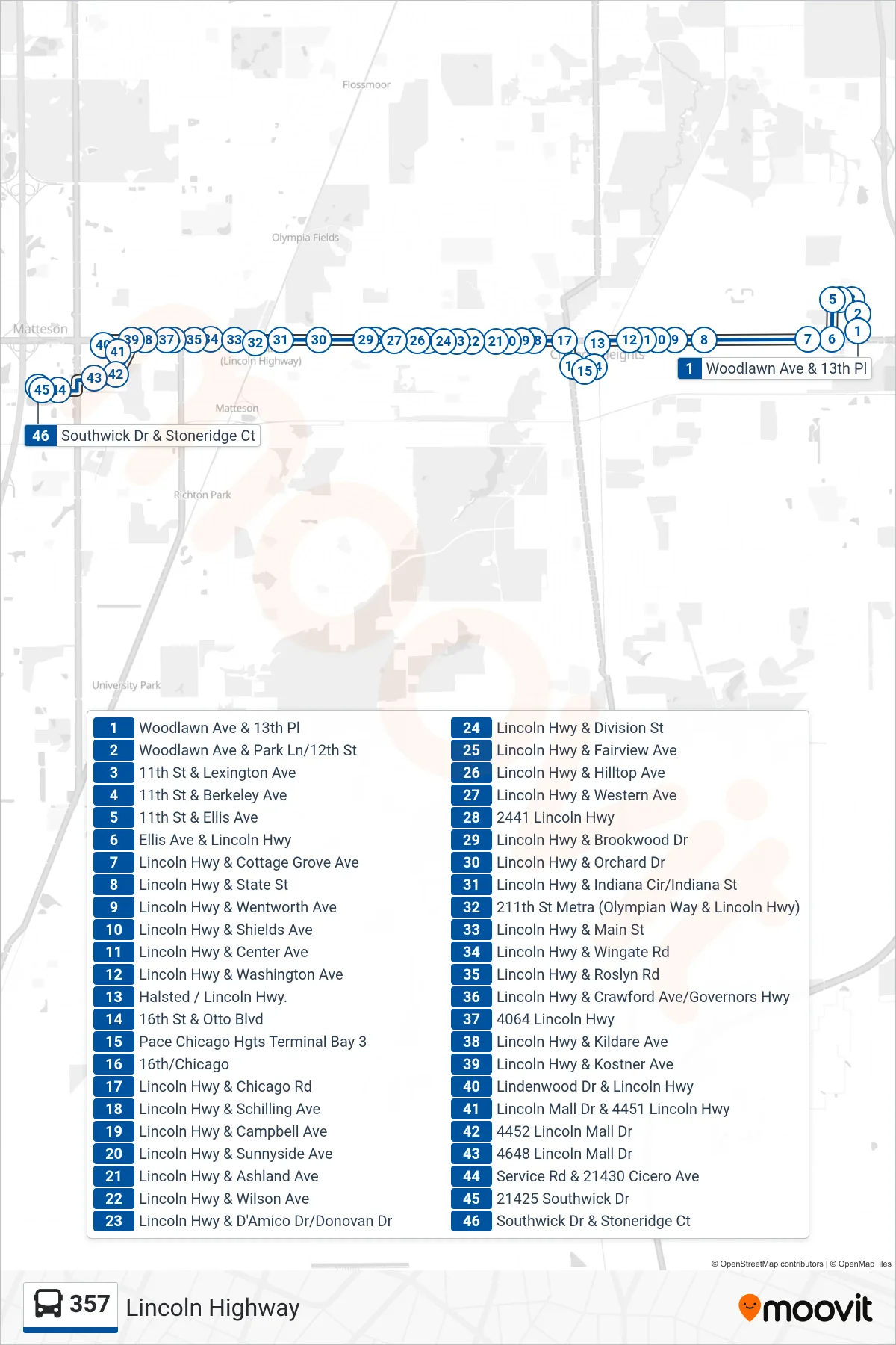 357 bus Line (Southwick Dr & Stoneridge Ct) route and stops on a map
