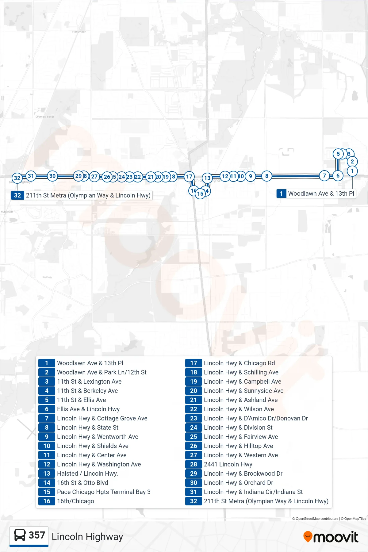 357 bus Line (211th St Metra (Olympian Way & Lincoln Hwy)) route and stops on a map
