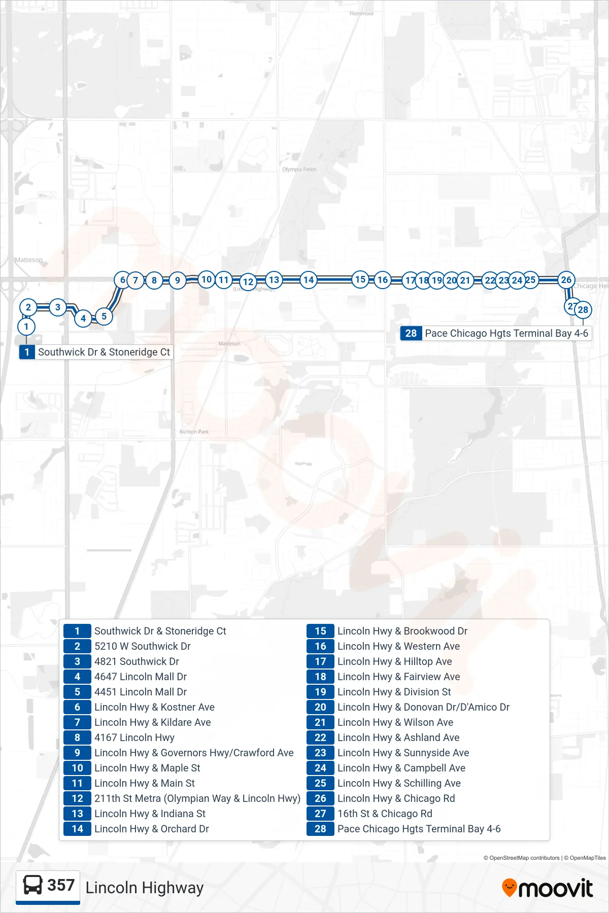 357 bus Line (Pace Chicago Hgts Terminal Bay 5) route and stops on a map
