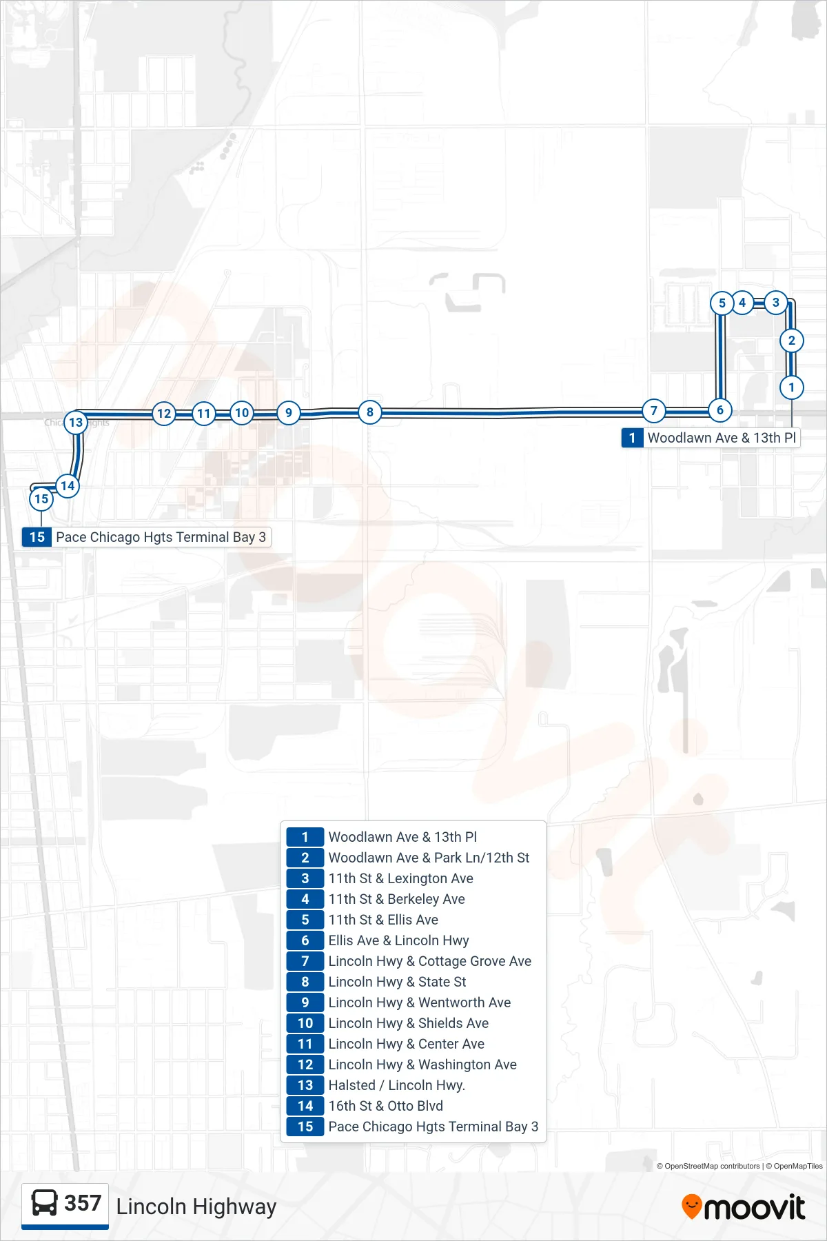 357 bus Line (Pace Chicago Hgts Terminal Bay 3) route and stops on a map
