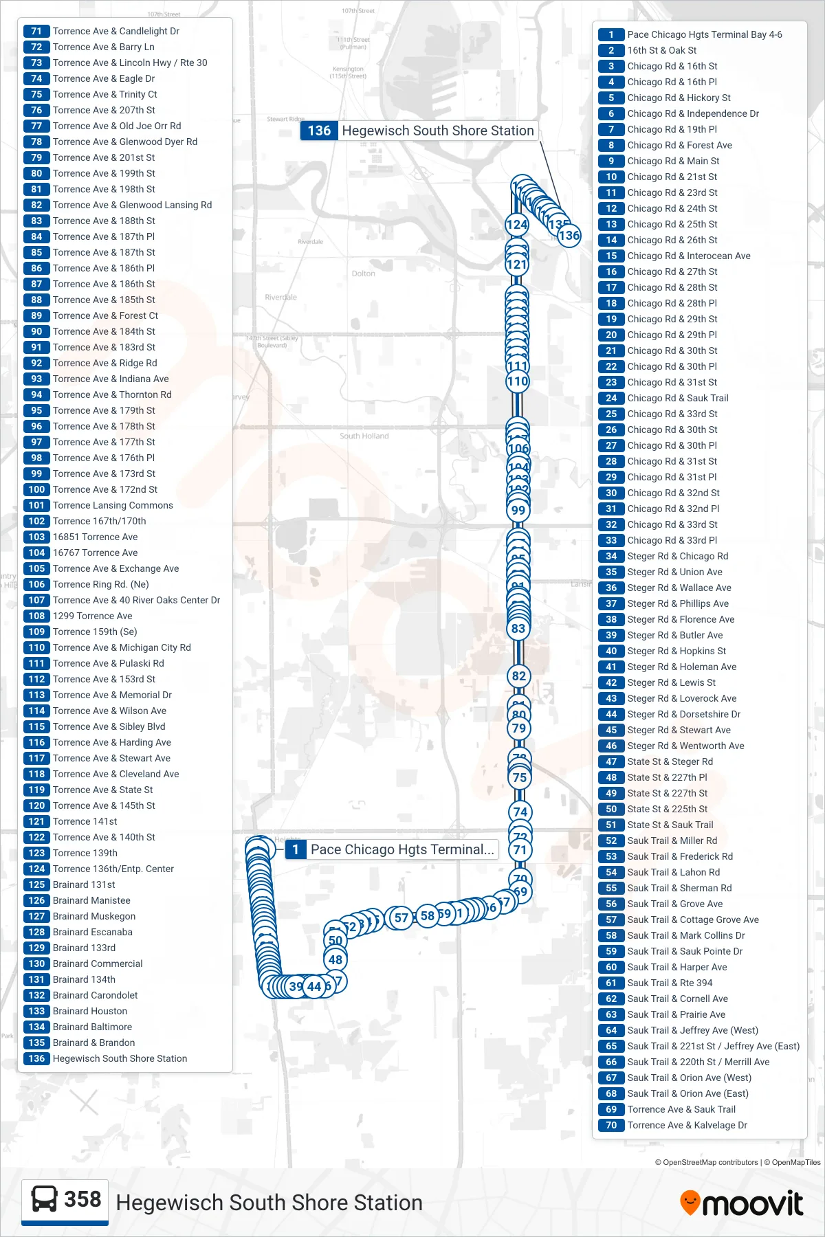 358 bus Line (Hegewisch South Shore Station) route and stops on a map