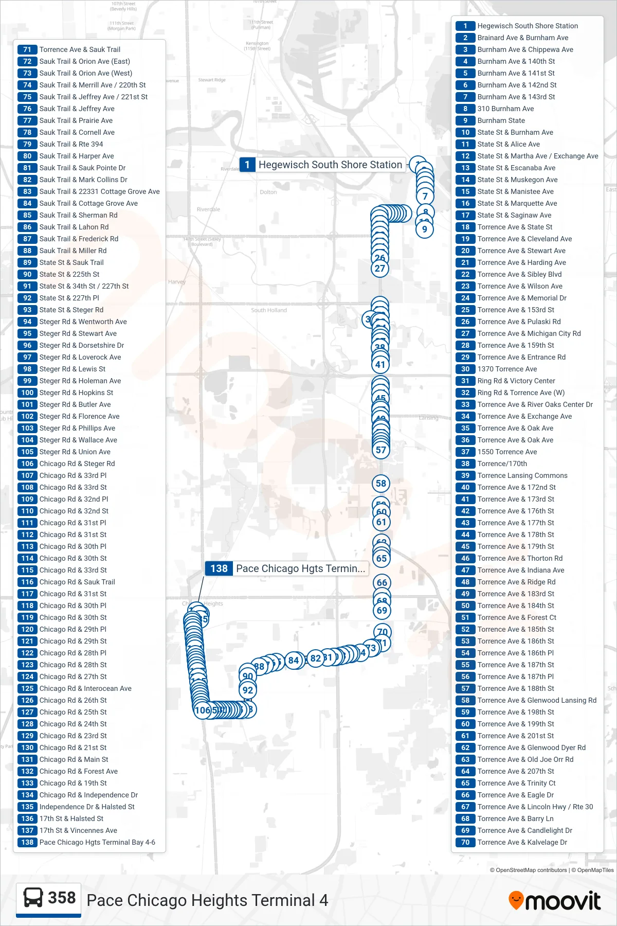 358 bus Line (Pace Chicago Heights Terminal 4) route and stops on a map