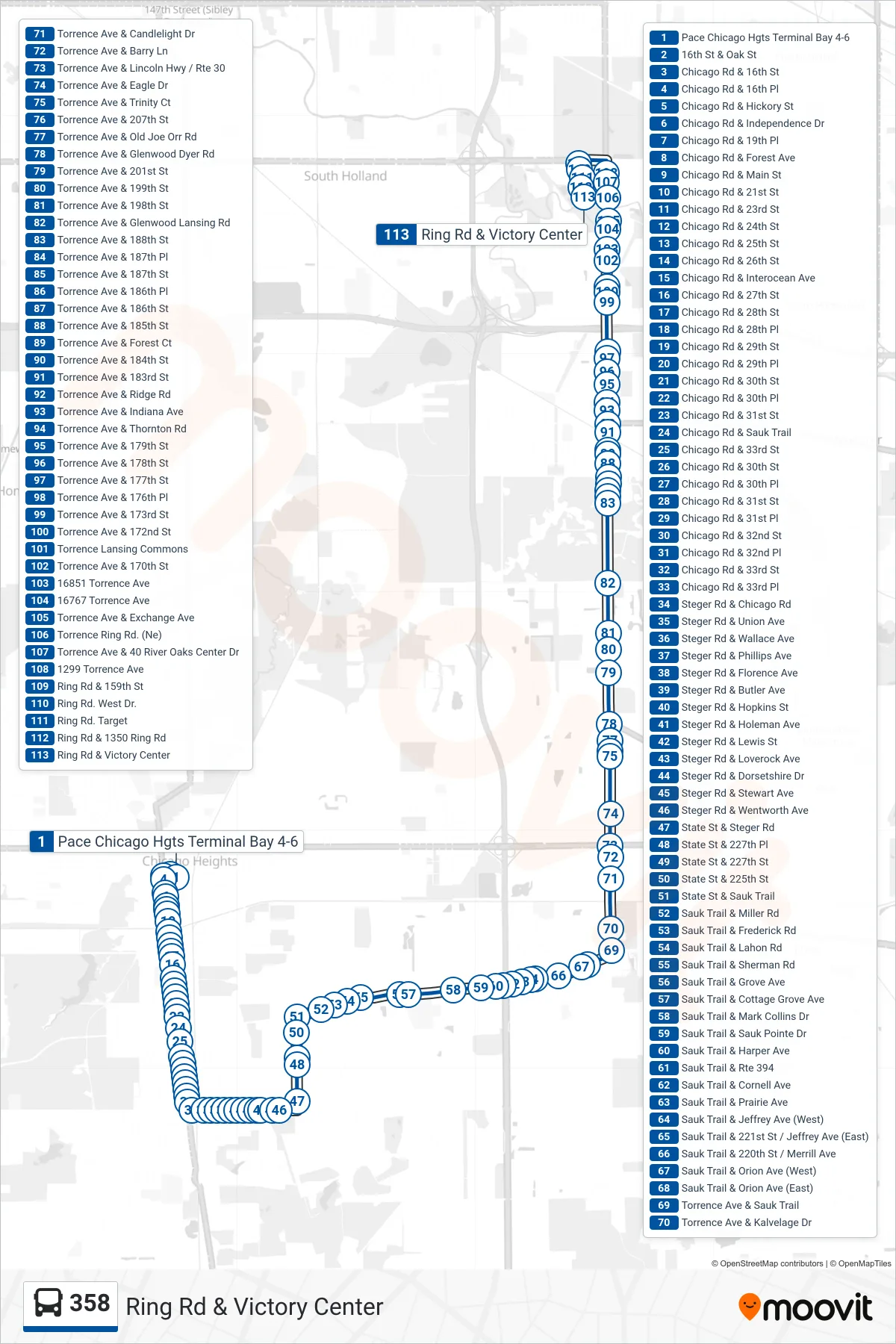 358 bus Line (Ring Rd & Victory Center) route and stops on a map