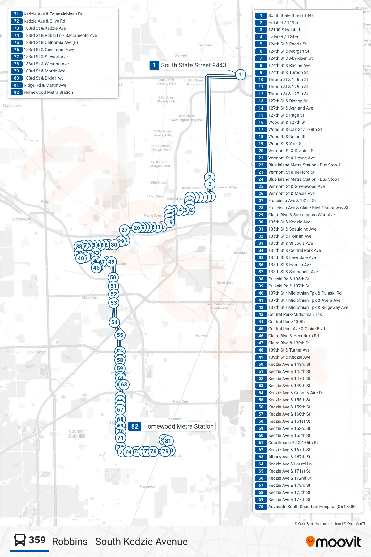 359 bus Line (Homewood Metra Station) route and stops on a map