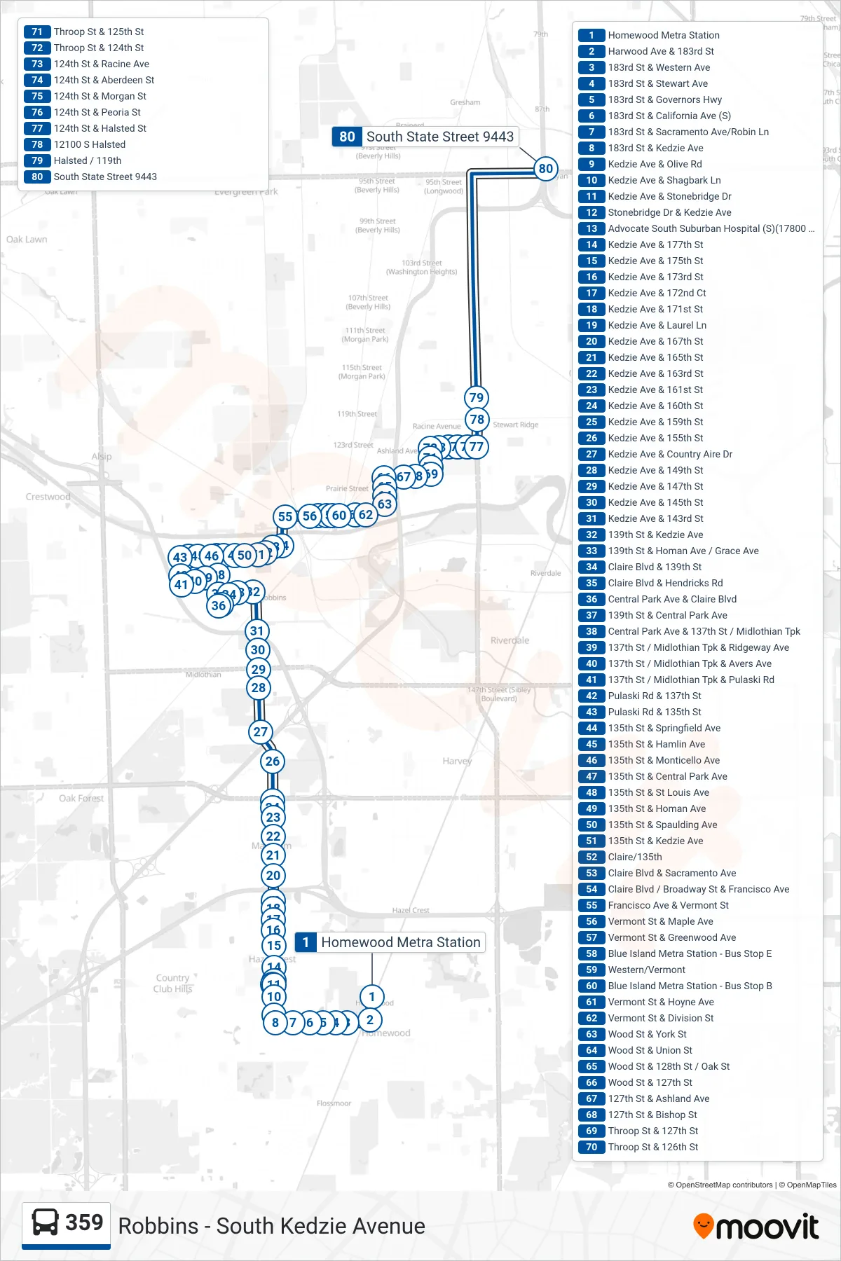 359 bus Line (95th/Dan Ryan Cta Station Bay O) route and stops on a map