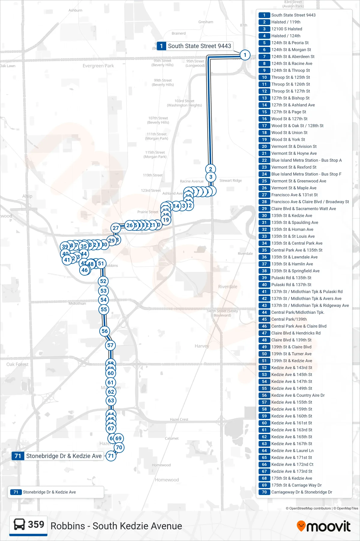 359 bus Line (Stonebridge Dr & Kedzie Ave) route and stops on a map