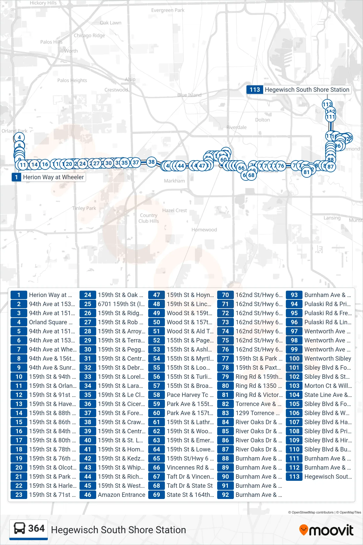 364 bus Line (Hegewisch South Shore Station) route and stops on a map