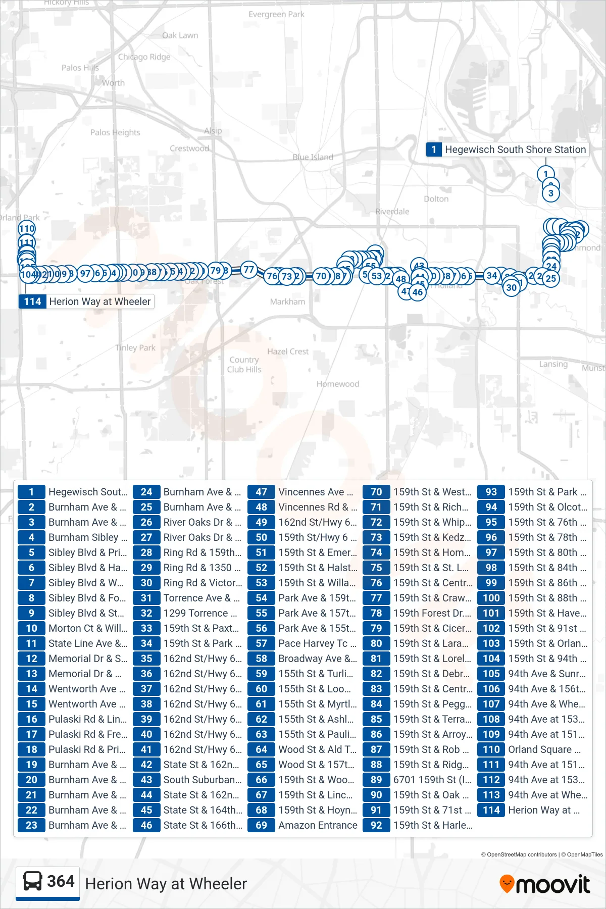 364 bus Line (Herion Way at Wheeler) route and stops on a map