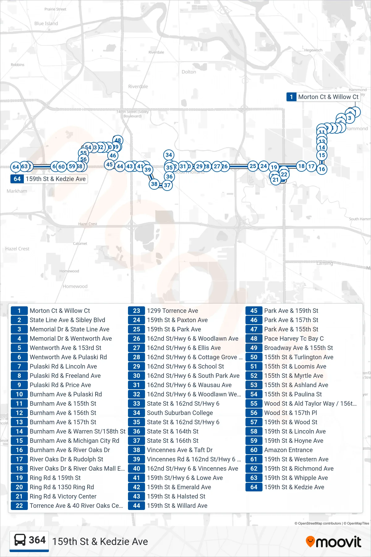 364 bus Line (159th St & Kedzie Ave) route and stops on a map