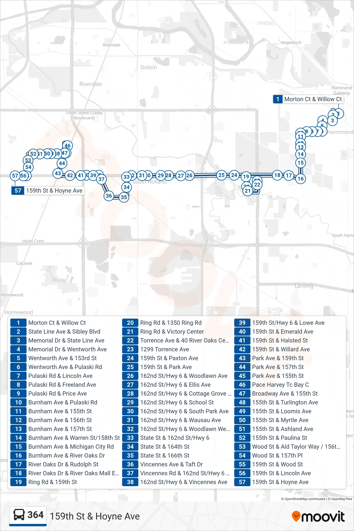 364 bus Line (159th St & Hoyne Ave) route and stops on a map