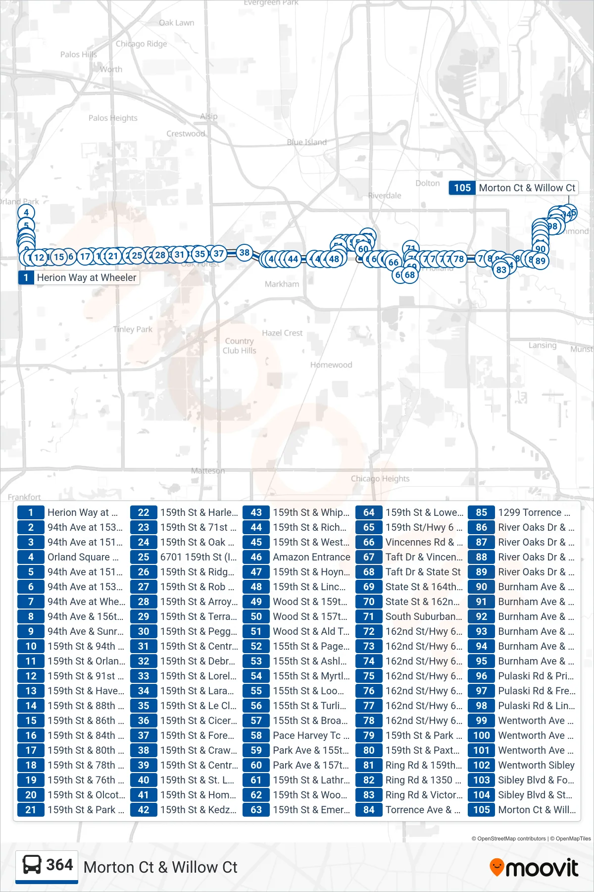 364 bus Line (Morton Ct & Willow Ct) route and stops on a map
