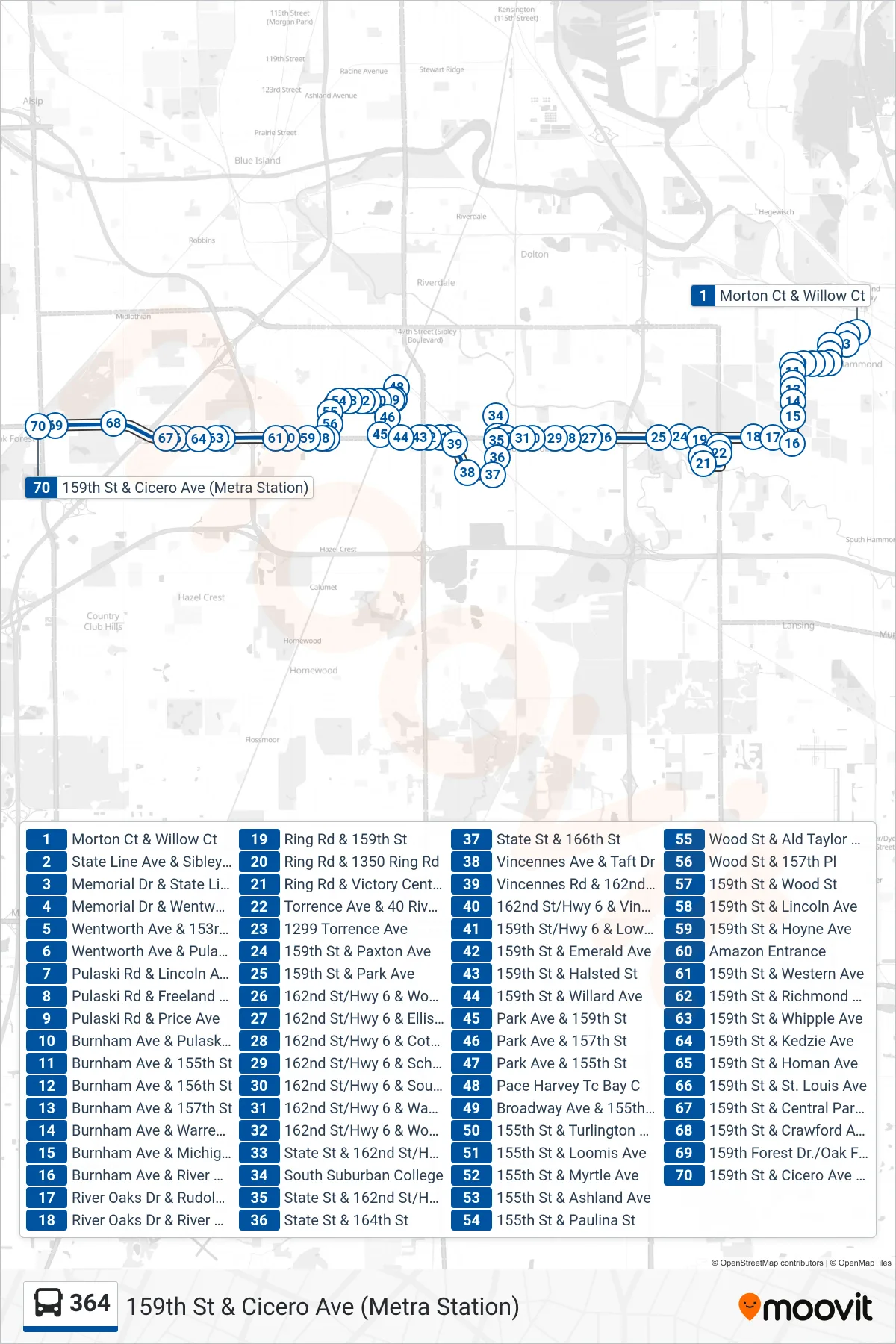 364 bus Line (159th St & Cicero Ave (Metra Station)) route and stops on a map