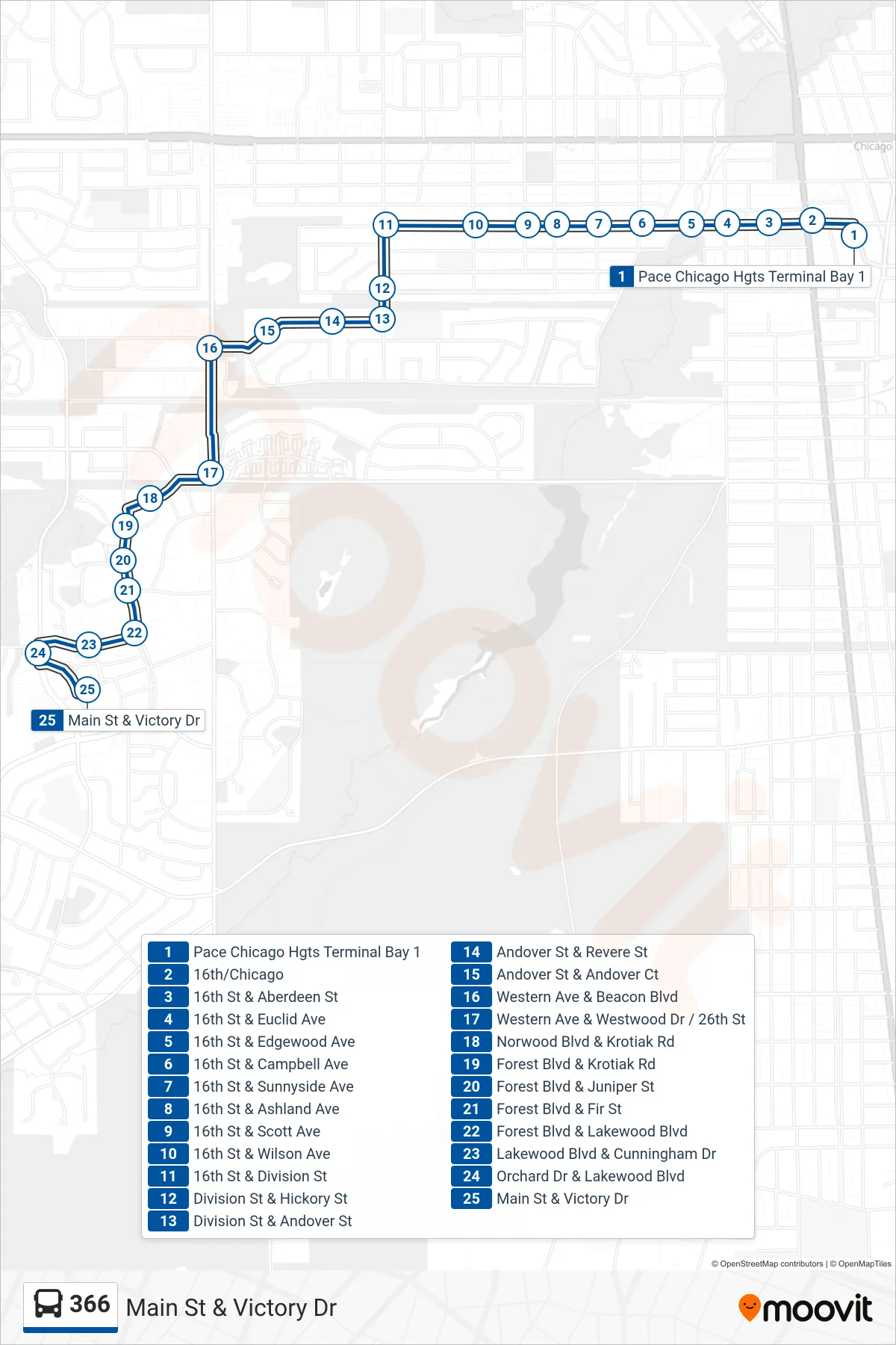 366 bus Line (Main St & Victory Dr) route and stops on a map