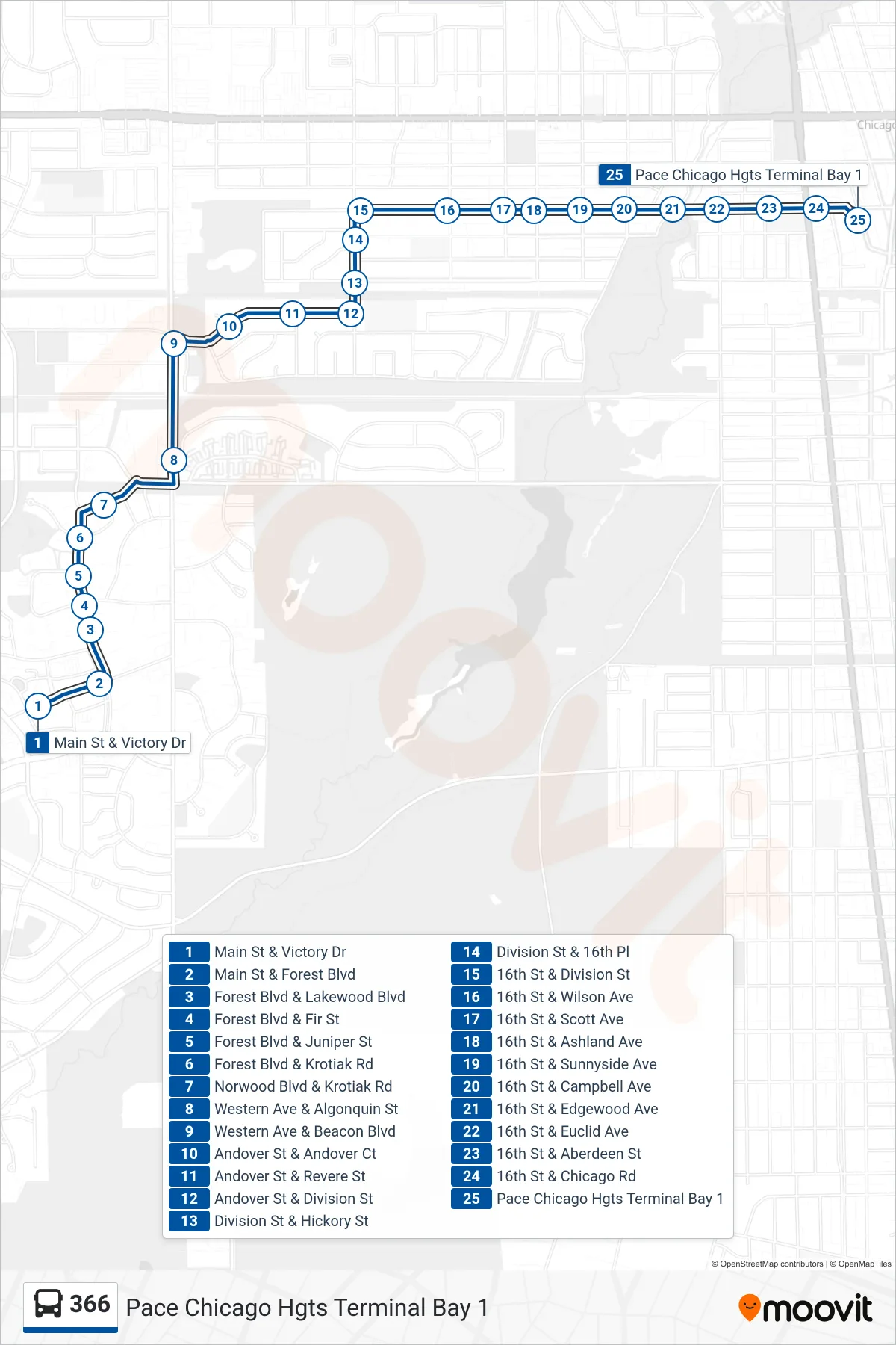 366 bus Line (Pace Chicago Hgts Terminal Bay 1) route and stops on a map