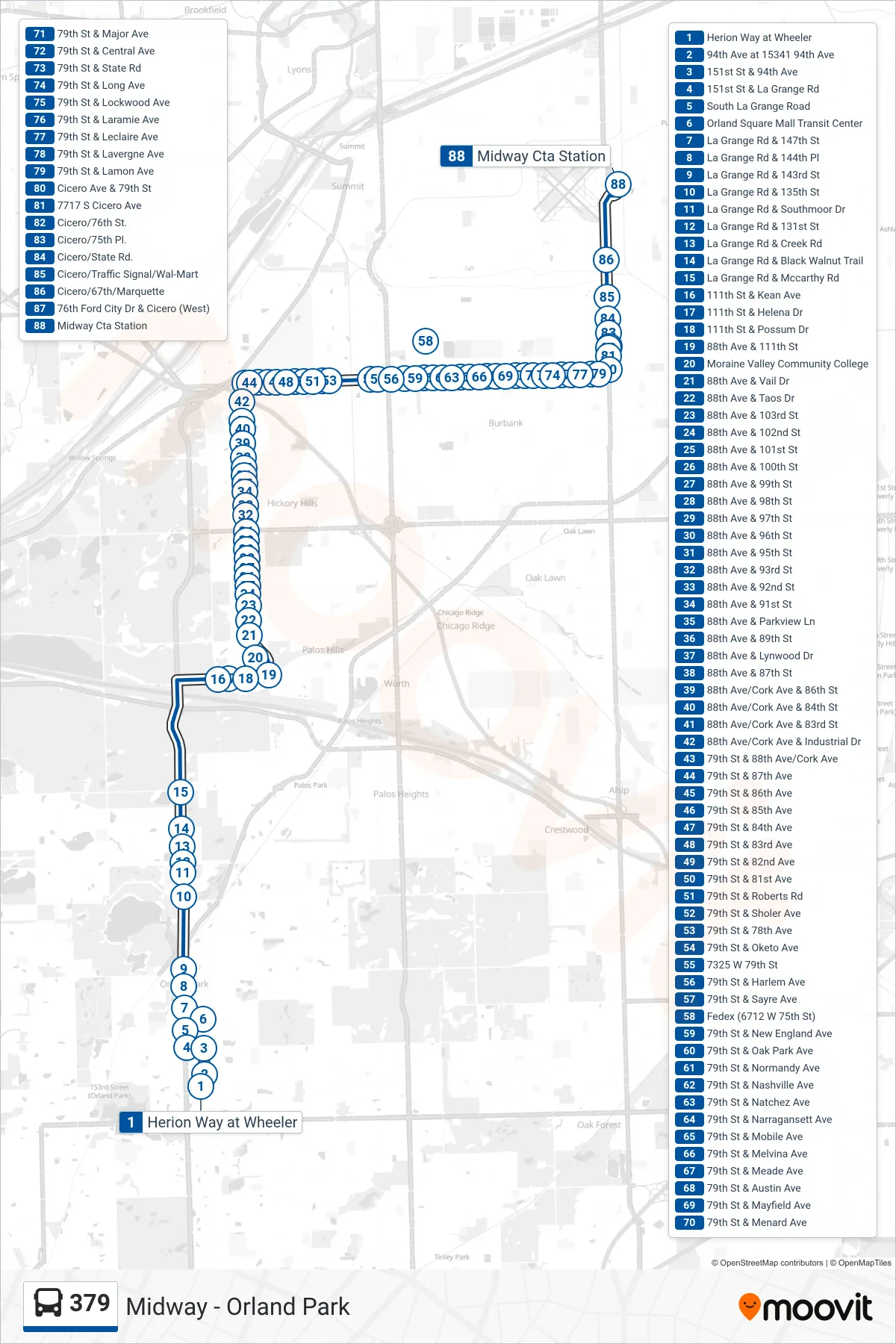 379 bus Line (Midway Cta Station) route and stops on a map
