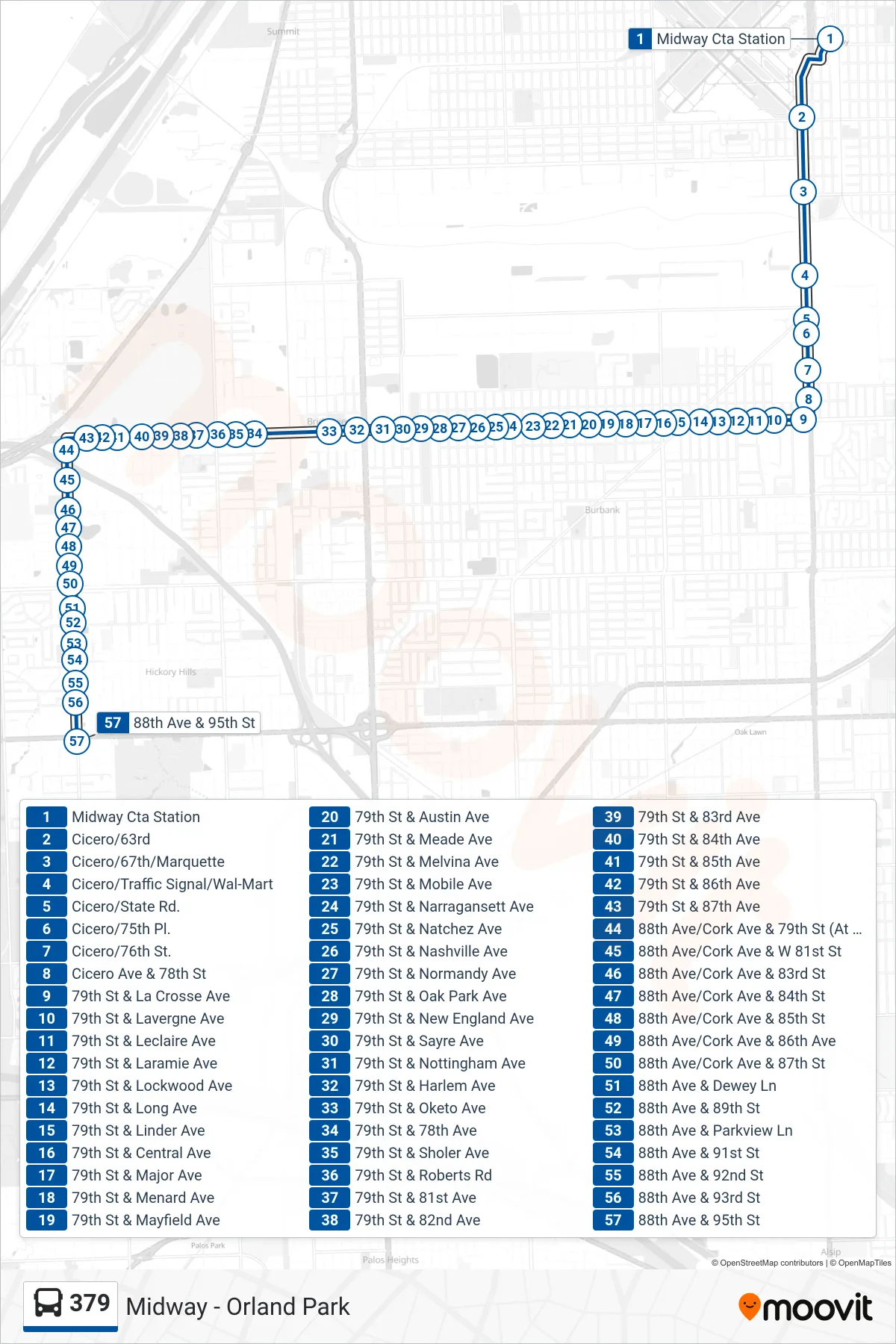 379 bus Line (88th Ave & 95th St) route and stops on a map