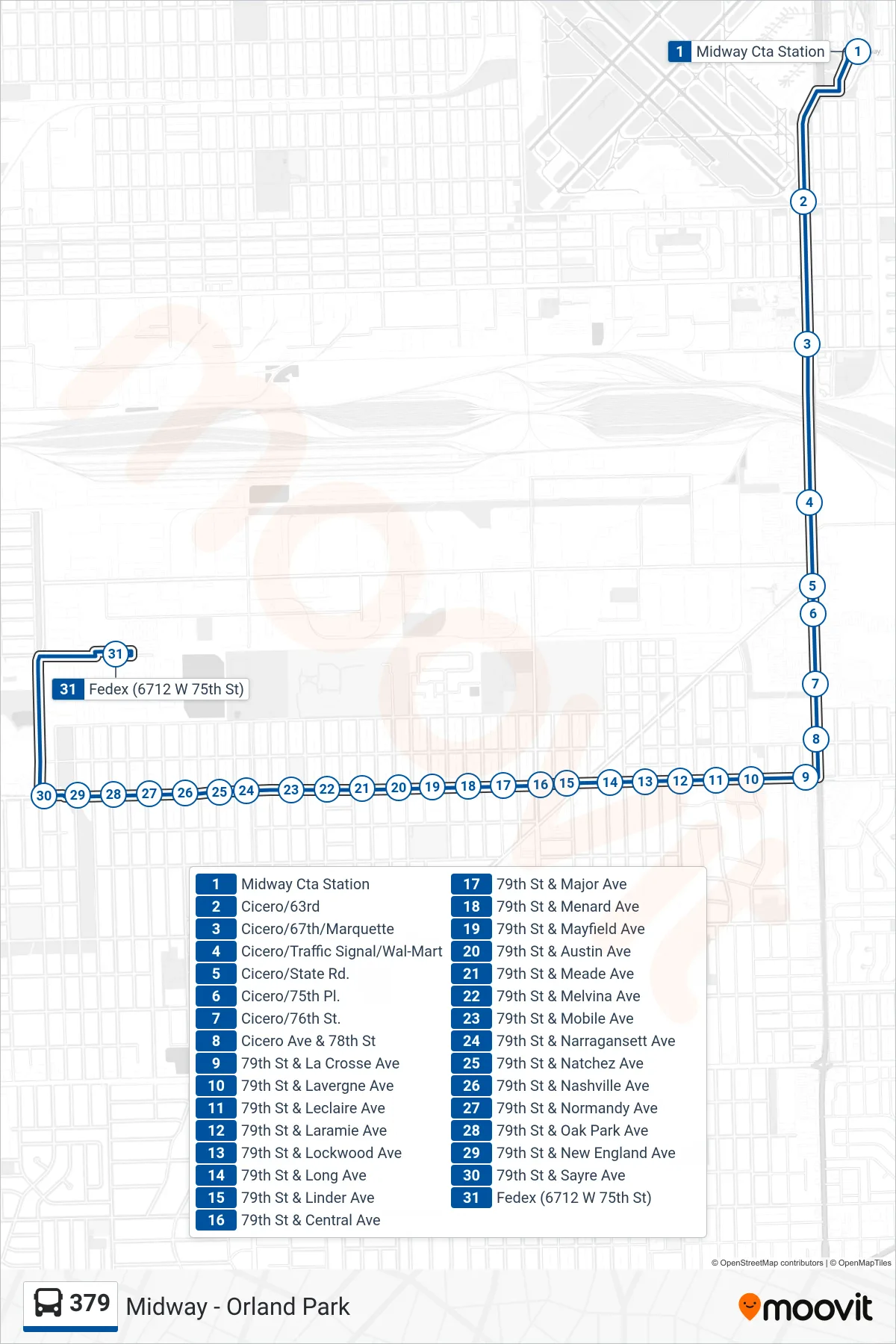 379 bus Line (Fedex (6712 W 75th St)) route and stops on a map