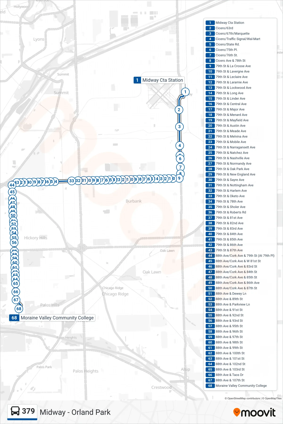 379 bus Line (Moraine Valley Community College) route and stops on a map