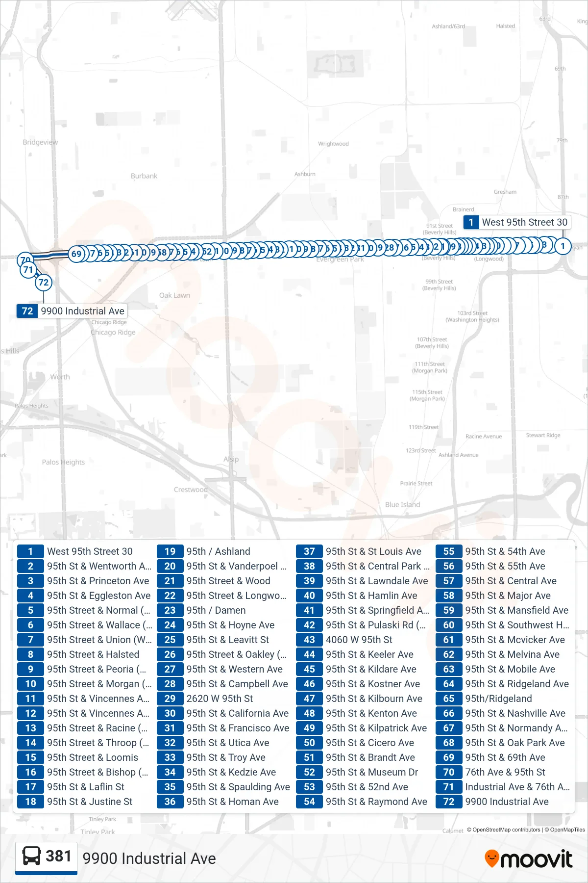 381 bus Line (9900 Industrial Ave) route and stops on a map