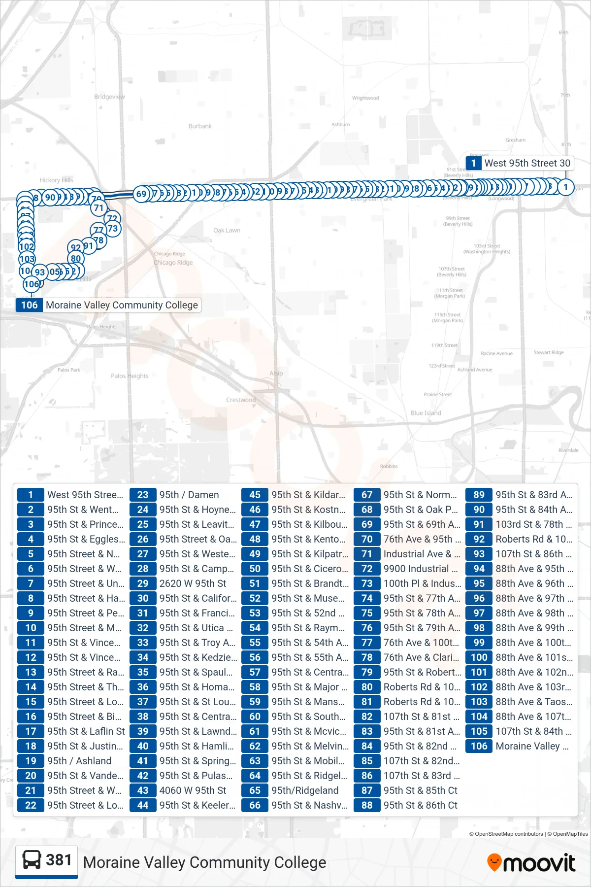 381 bus Line (Moraine Valley Community College) route and stops on a map
