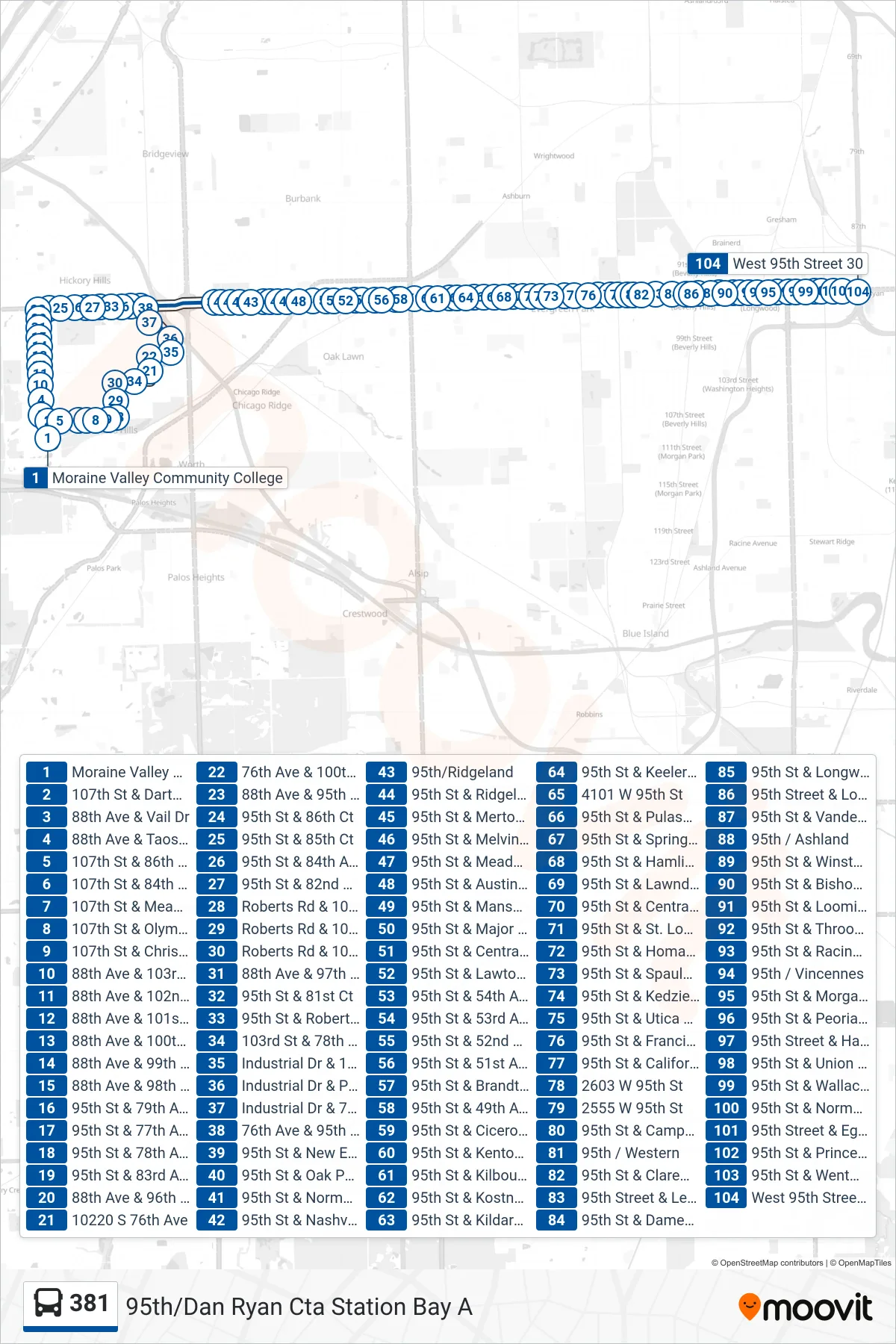 381 bus Line (95th/Dan Ryan Cta Station Bay A) route and stops on a map